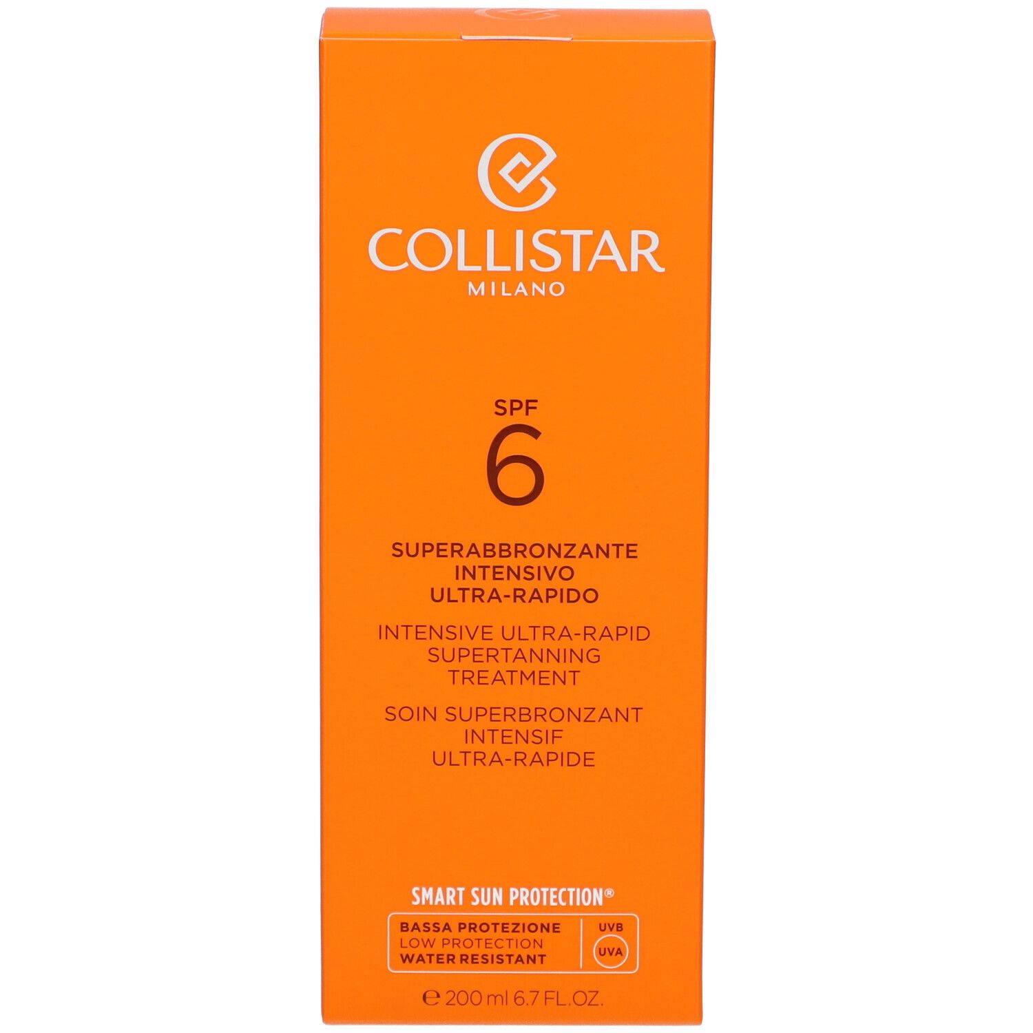 Orangefarbene Schachtel. Collistar Milano, SPF 6, Superabbronzante Intensivo Ultra-Rapido. Wasserfest. 200 ml.