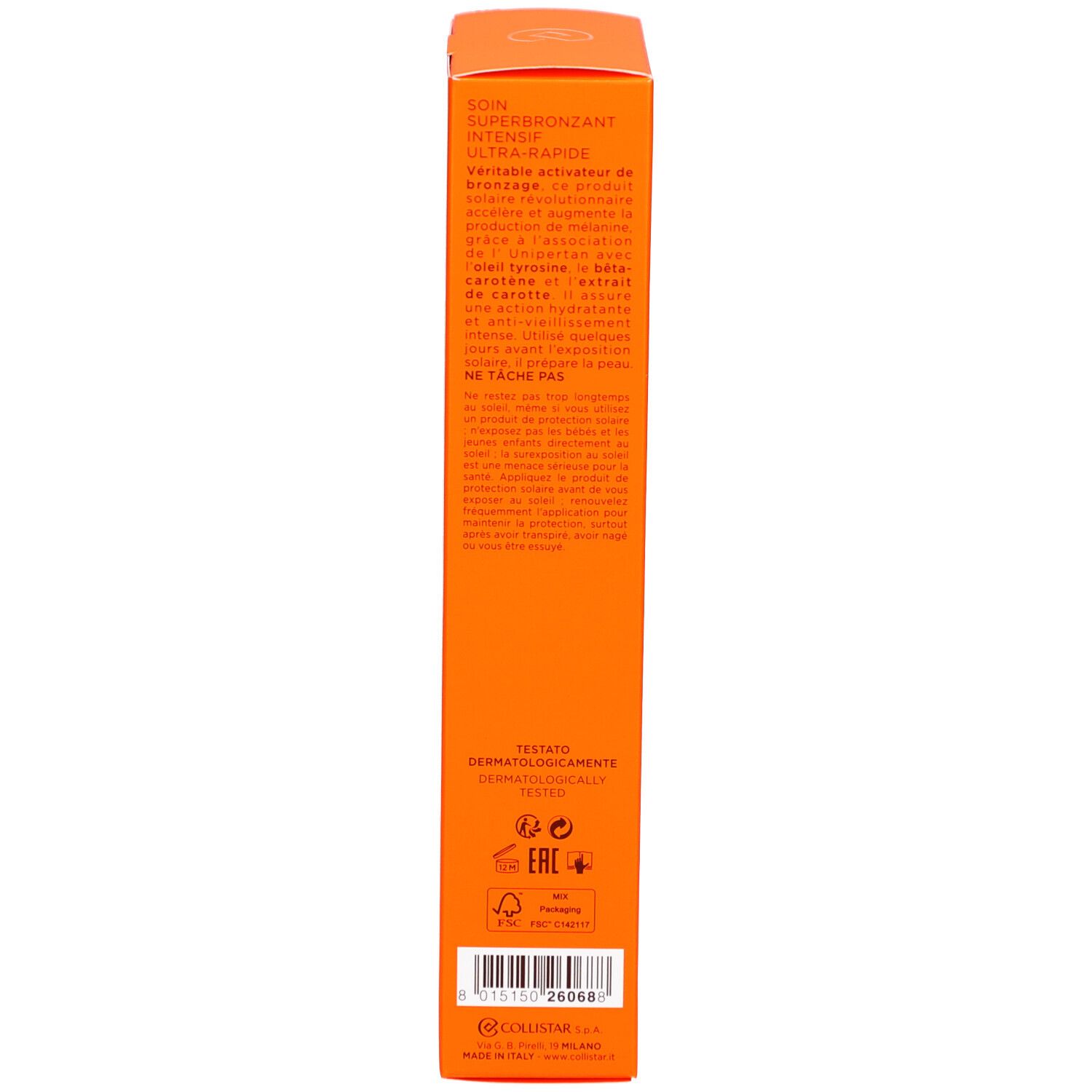 Orangefarbene Schachtel, Text in mehreren Sprachen. Enthält Informationen zum Produkt und Zertifizierungen.