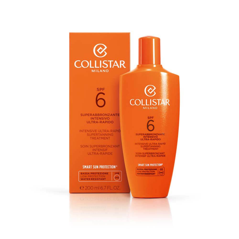 Boîte et flacon orange. Collistar Milano, SPF 6, Superabbronzante Intensivo Ultra-Rapido. Résistant à l'eau.