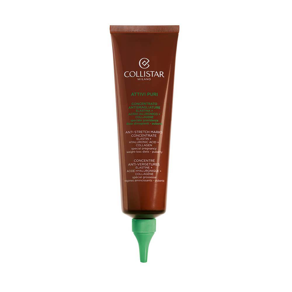 Tube Collistar, marron avec bouchon vert. Nom du produit et ingrédients. Textes en allemand, italien, néerlandais et français.