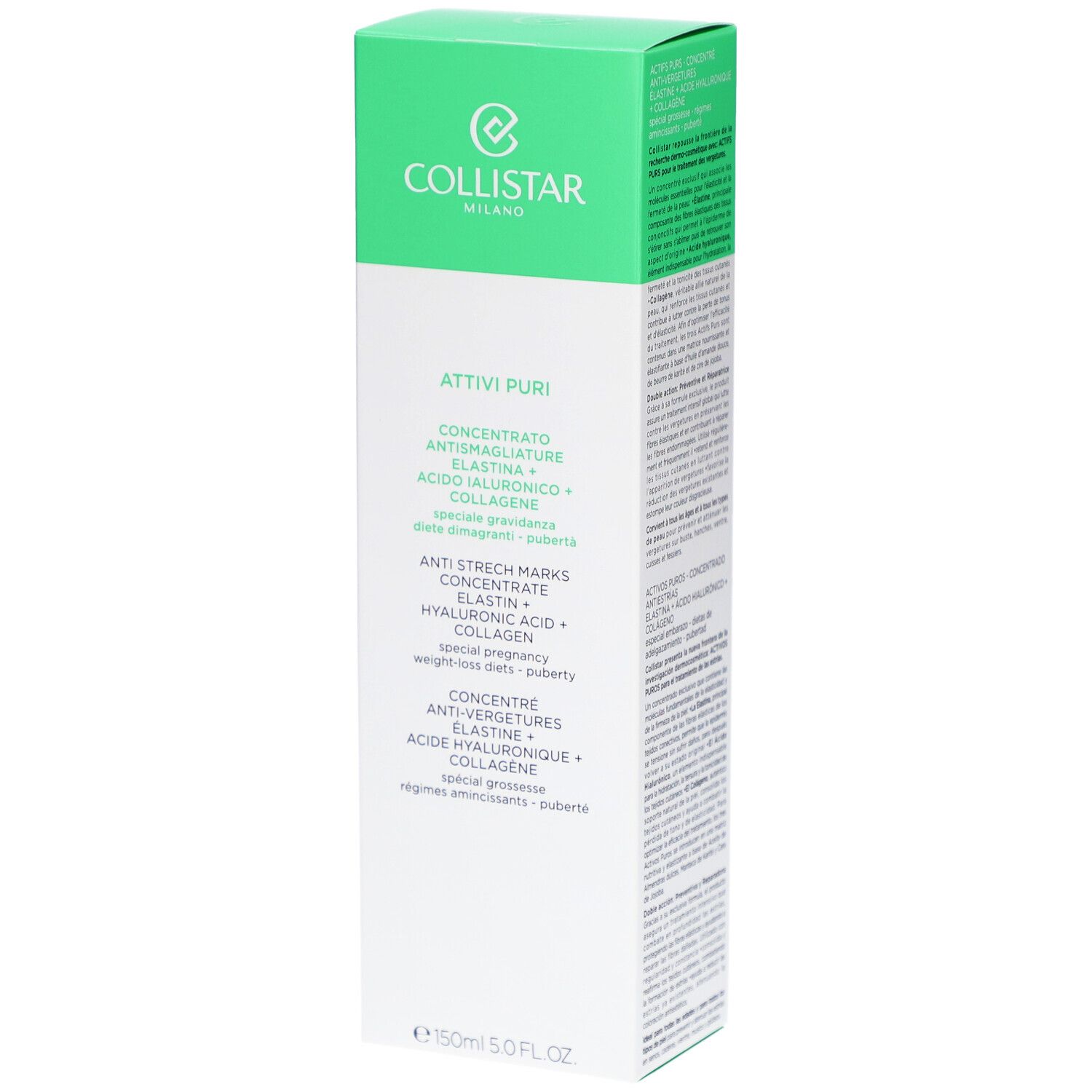 Boîte Collistar, vert et blanc. Nom du produit et ingrédients. Textes en allemand, italien, néerlandais et français.