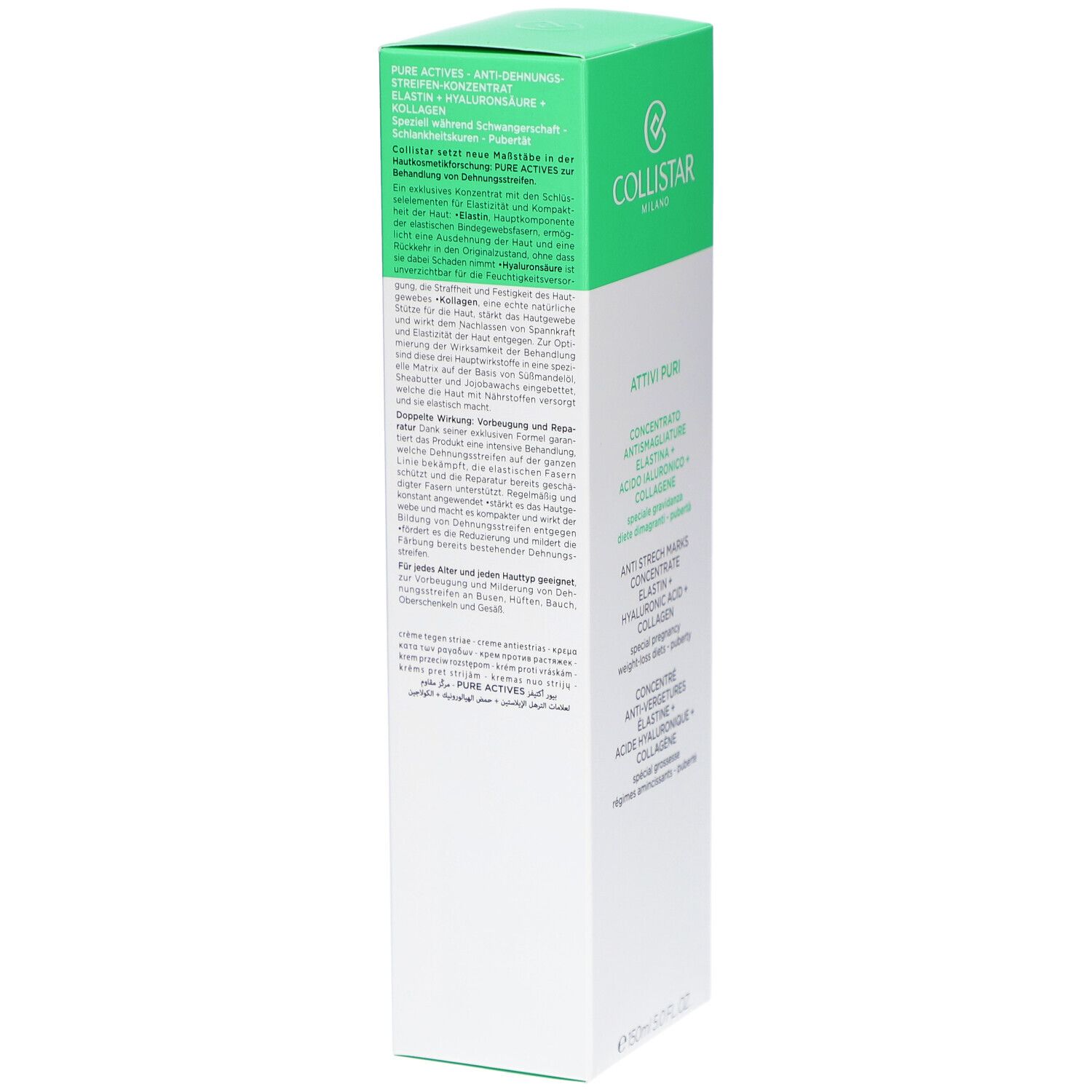 Boîte Collistar, vert et blanc. Informations produit. Textes en allemand, italien, néerlandais et français.