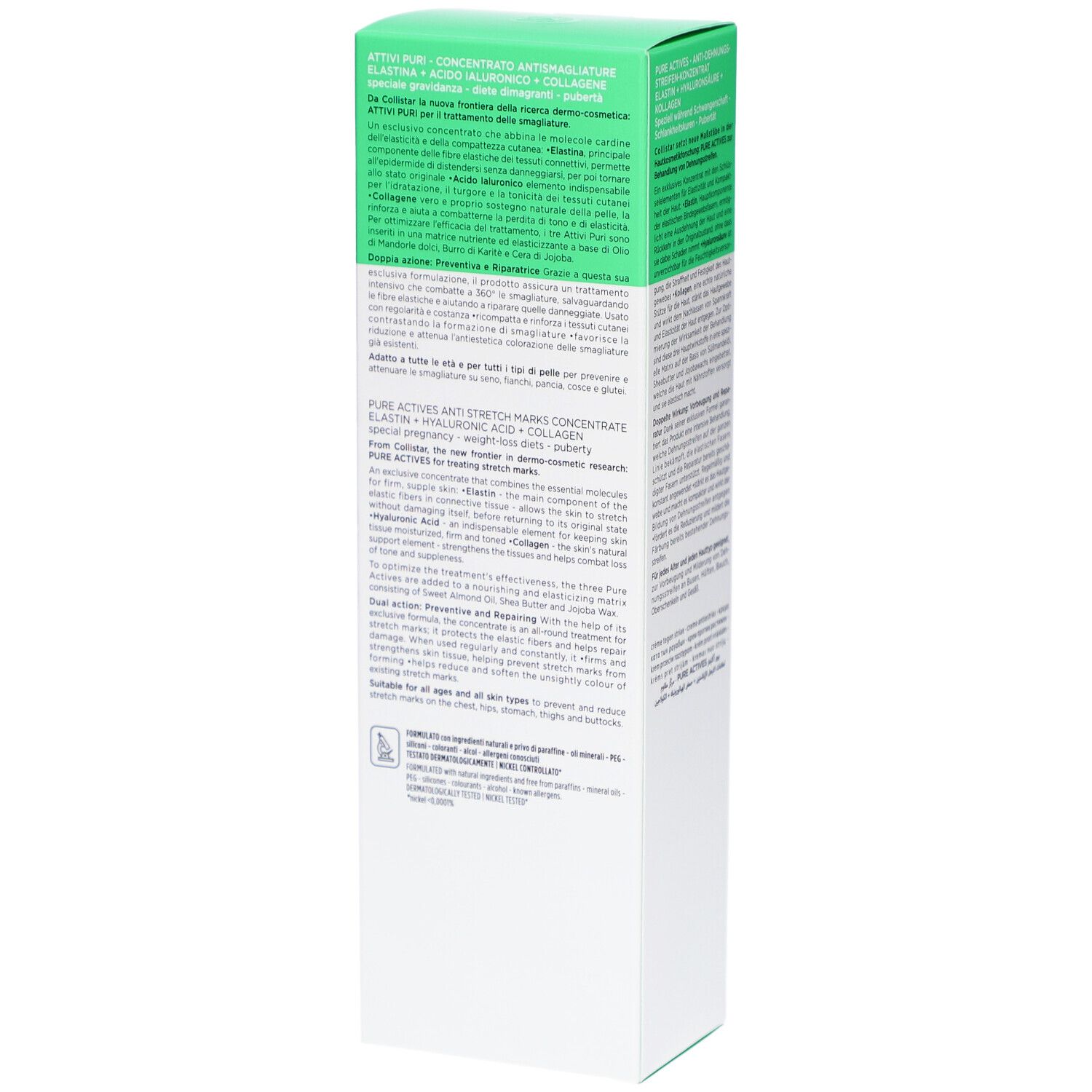 Boîte Collistar, vert et blanc. Informations produit. Textes en allemand, italien, néerlandais et français.