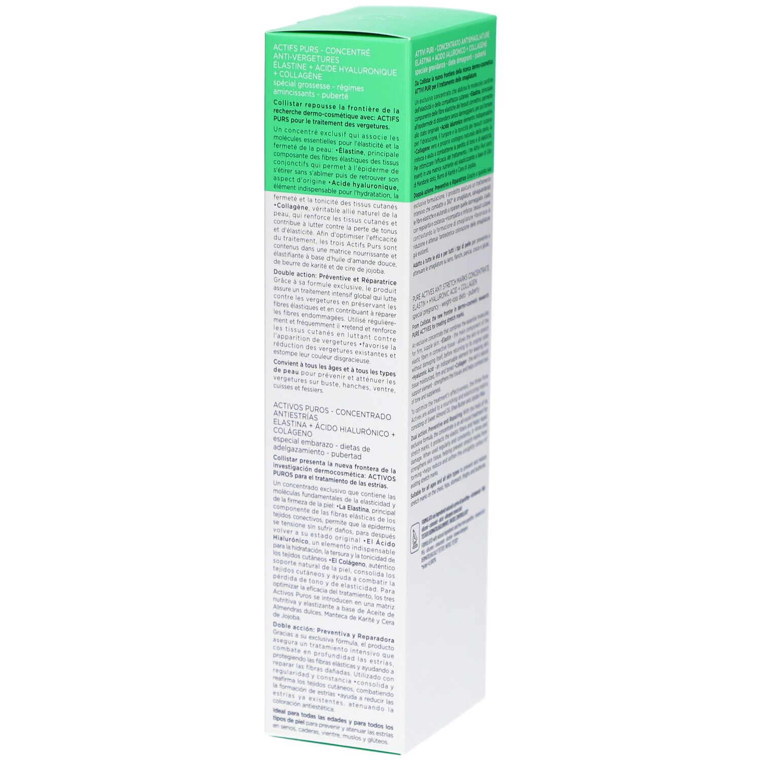 Boîte Collistar, vert et blanc. Informations produit. Textes en allemand, italien, néerlandais et français.