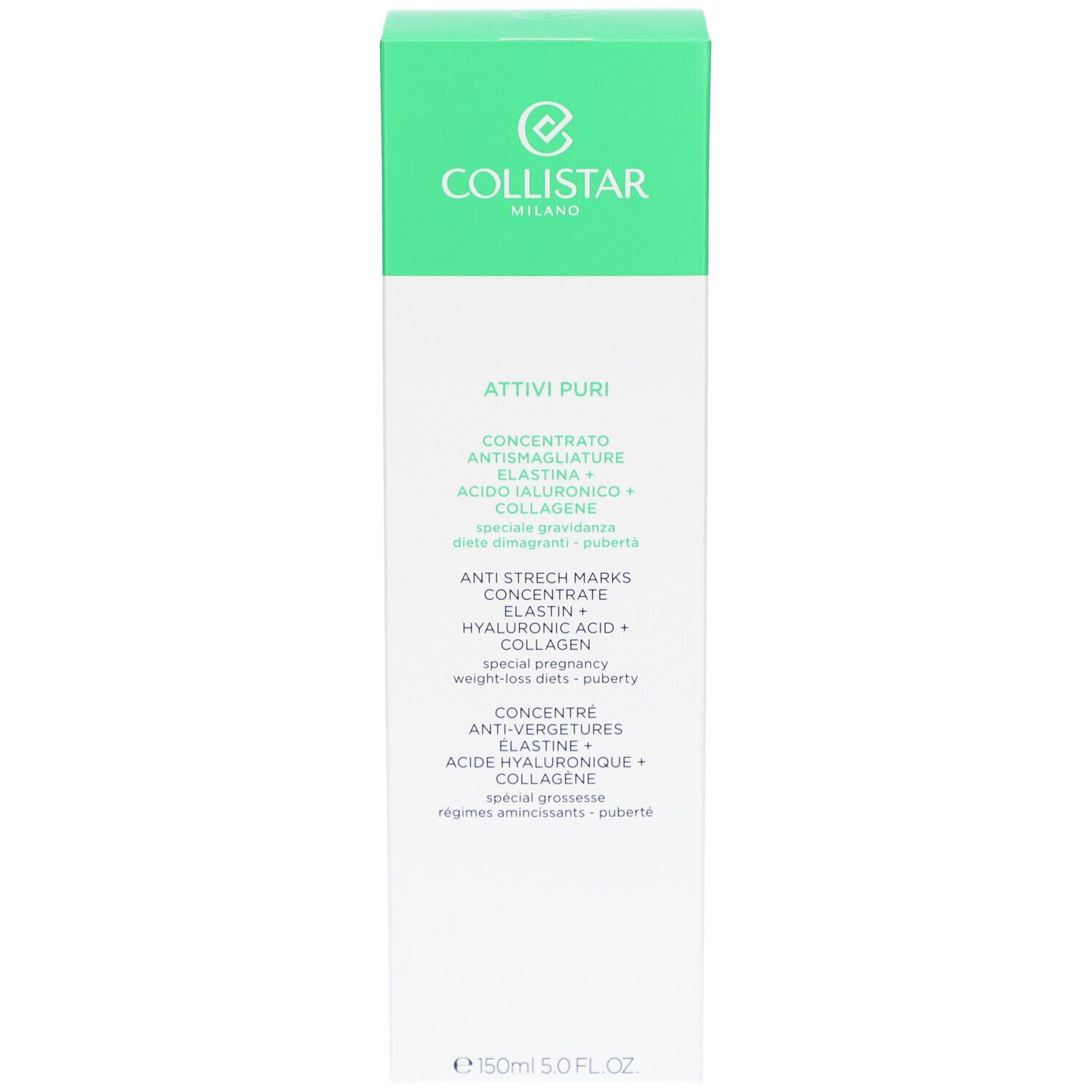 Boîte Collistar, vert et blanc. Nom du produit et ingrédients. Textes en allemand, italien, néerlandais et français.