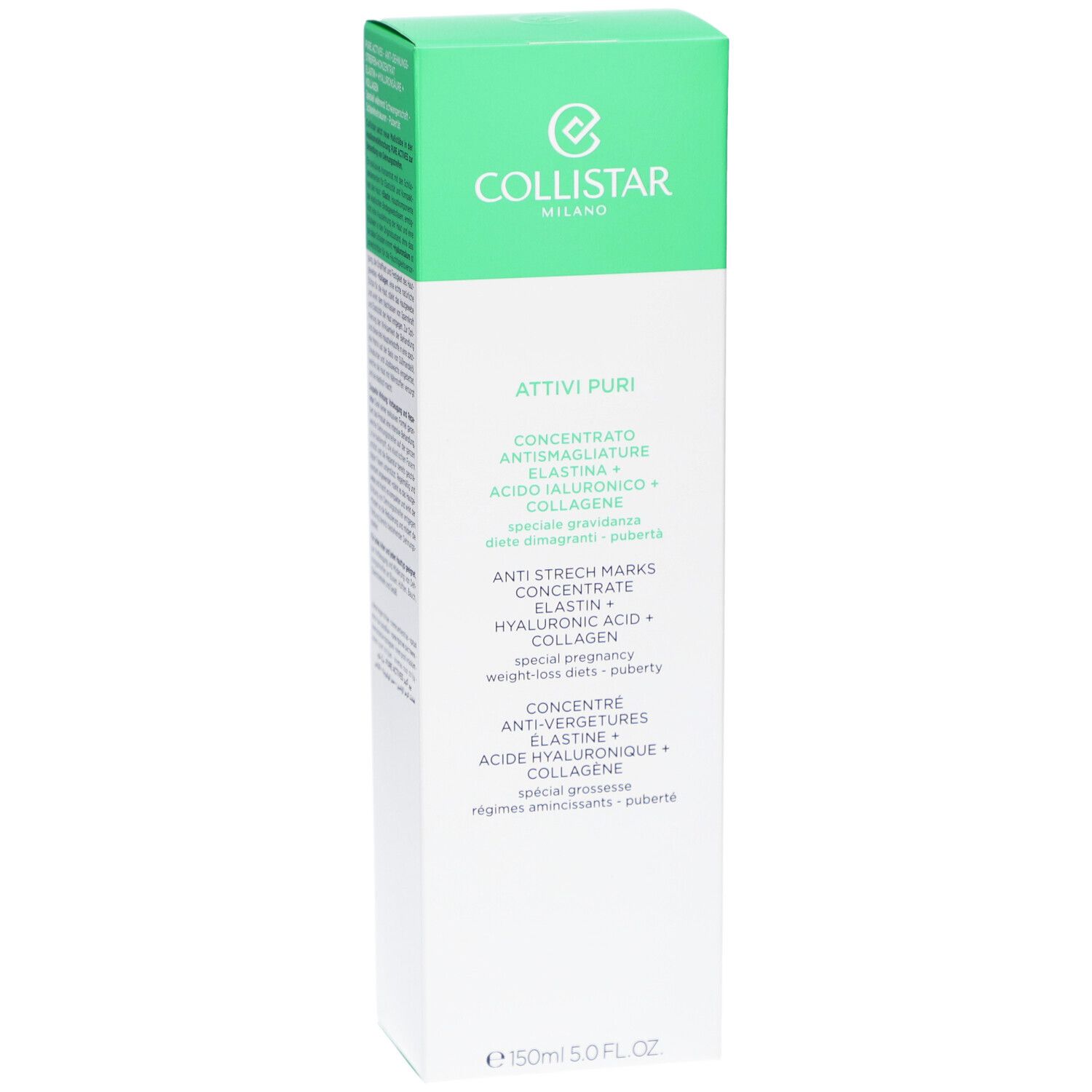 Boîte Collistar, vert et blanc. Nom du produit et ingrédients. Textes en allemand, italien, néerlandais et français.