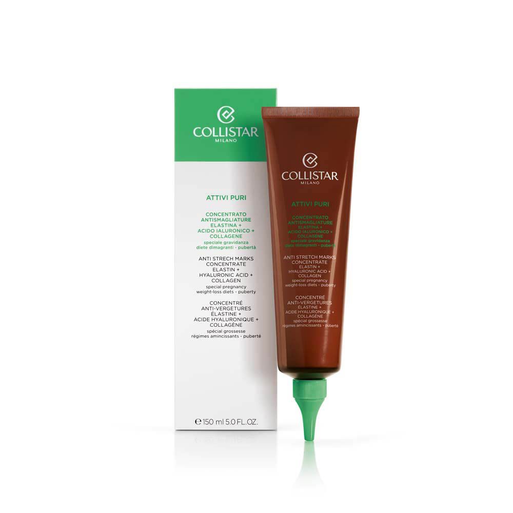 Tube Collistar, marron avec bouchon vert. Nom du produit et ingrédients. Textes en allemand, italien, néerlandais et français.