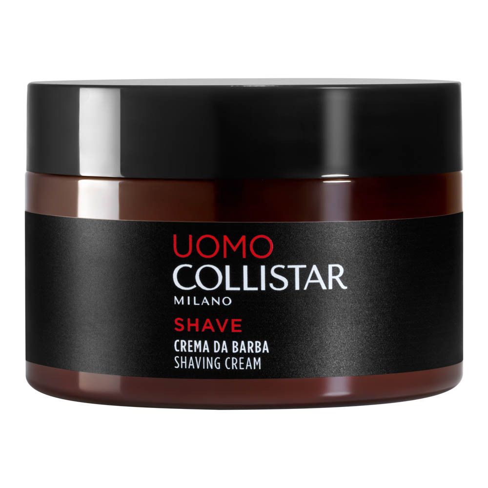 Pot marron foncé avec couvercle noir. Inscription : Uomo Collistar Milano, Shave, Crema da Barba, Shaving Cream.