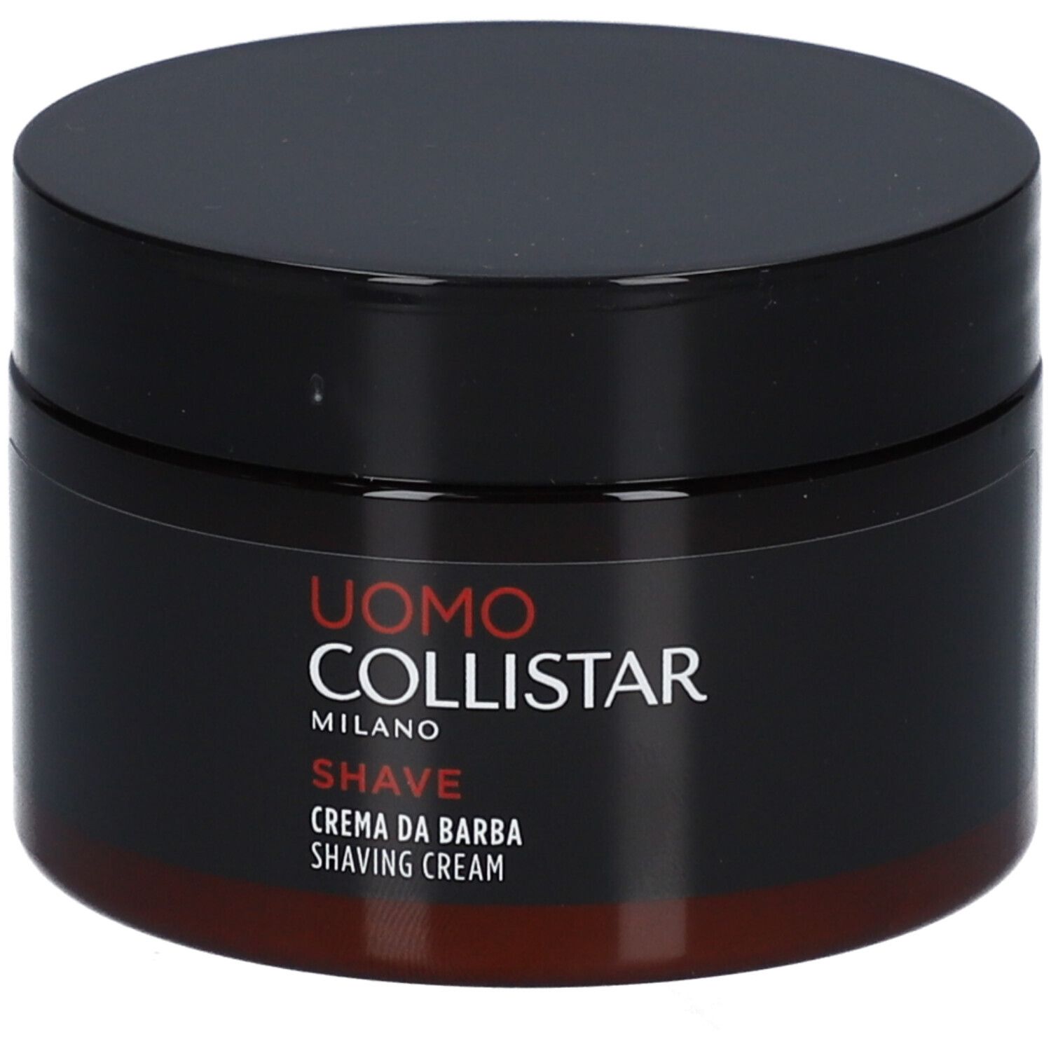 Pot marron foncé avec couvercle noir. Inscription : Uomo Collistar Milano, Shave, Crema da Barba, Shaving Cream.