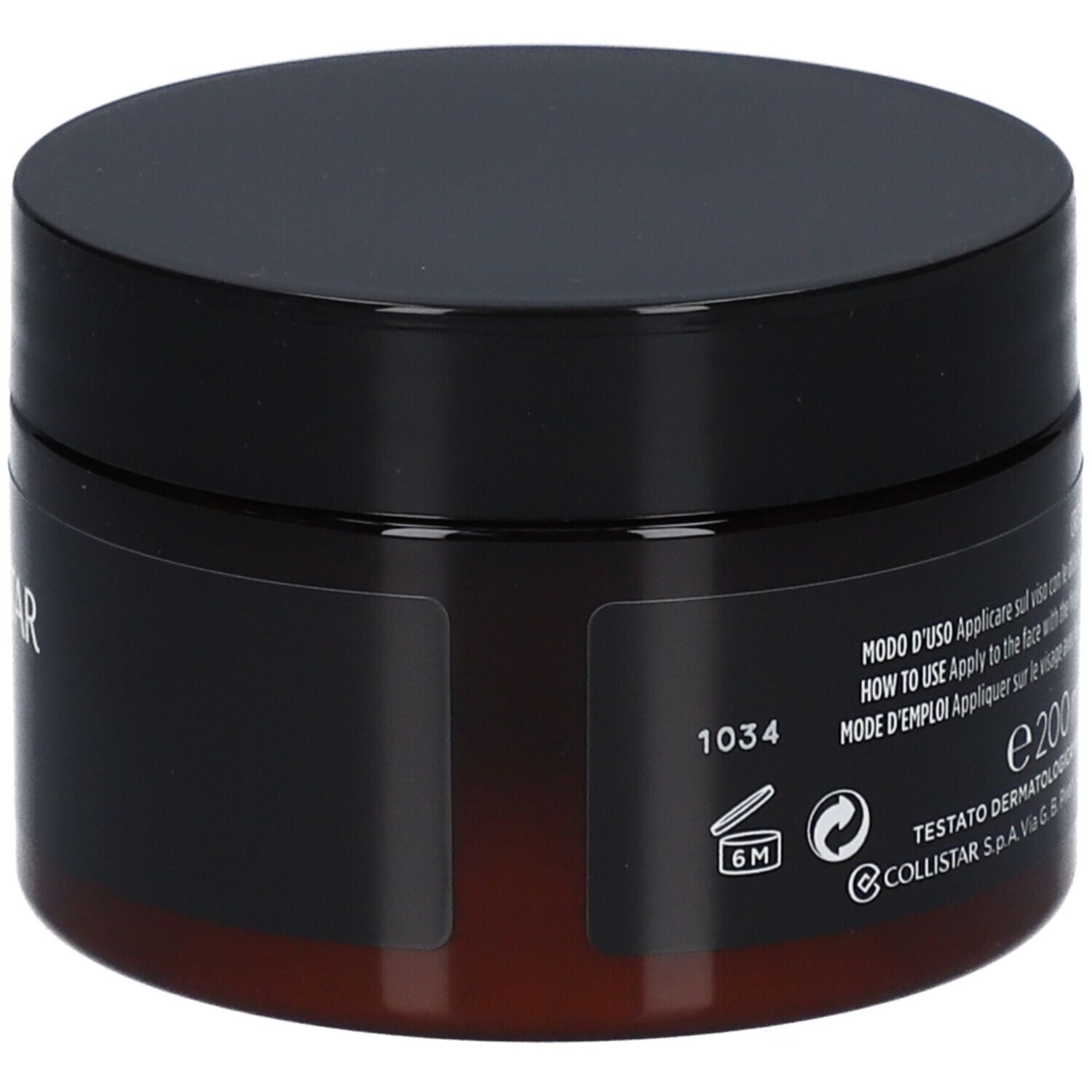Pot marron foncé avec couvercle noir. Inscription : Symbole 6M, 1034.