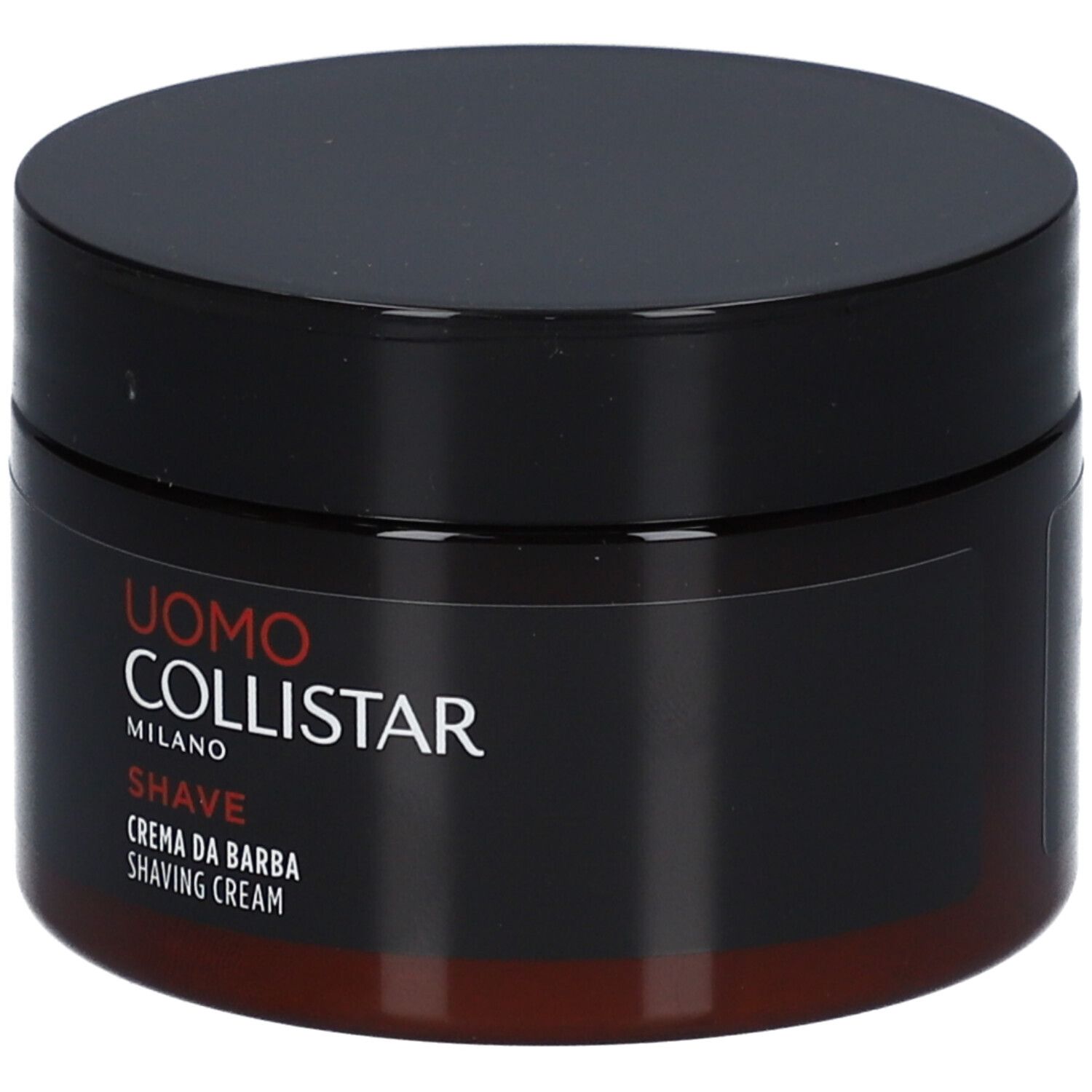 Pot marron foncé avec couvercle noir. Inscription : Uomo Collistar Milano, Shave, Crema da Barba, Shaving Cream.
