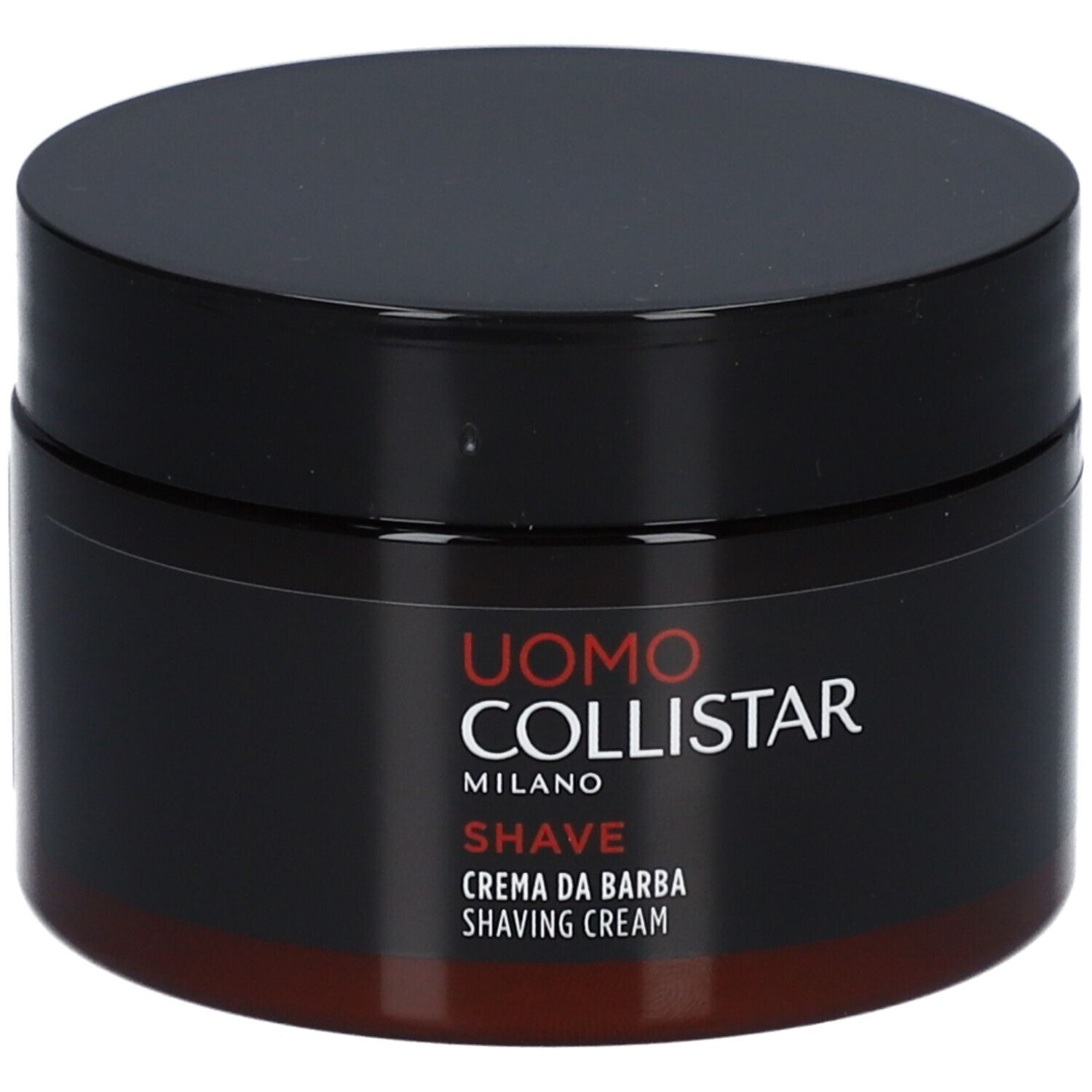 Pot marron foncé avec couvercle noir. Inscription : Uomo Collistar Milano, Shave, Crema da Barba, Shaving Cream.