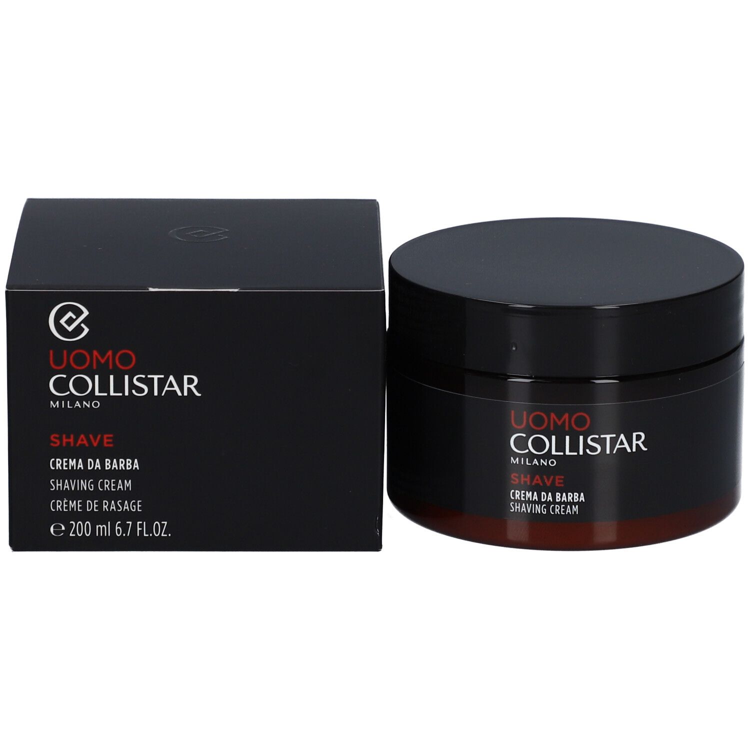 Pot marron foncé avec couvercle noir et boîte noire. Inscription : Uomo Collistar Milano, Shave, Crème de Rasage.