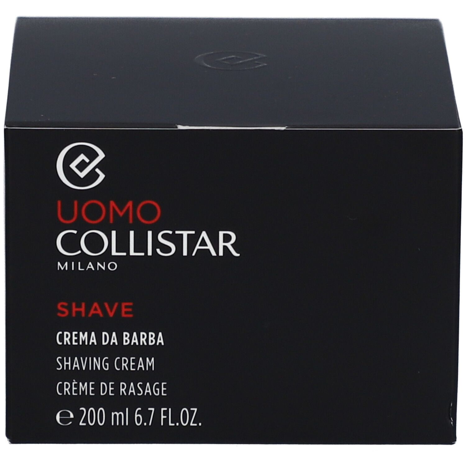Boîte noire avec inscription : Uomo Collistar Milano, Shave, Crème de Rasage, e 200 ml 6.7 FL.OZ.