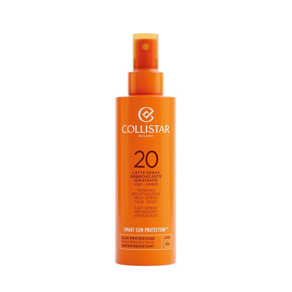 Flacon spray orange avec logo Collistar et SPF 20. Contient du texte pour le visage et le corps.