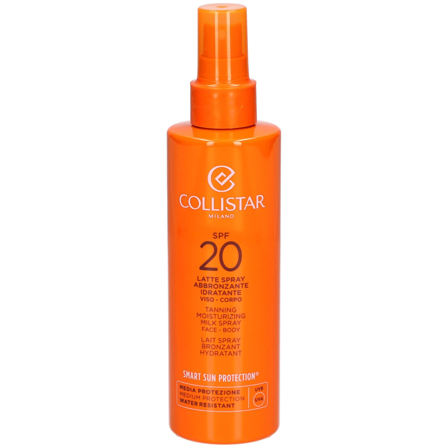 Orangefarbene Sprühflasche mit Collistar-Logo und SPF 20. Enthält Text für Gesicht und Körper.