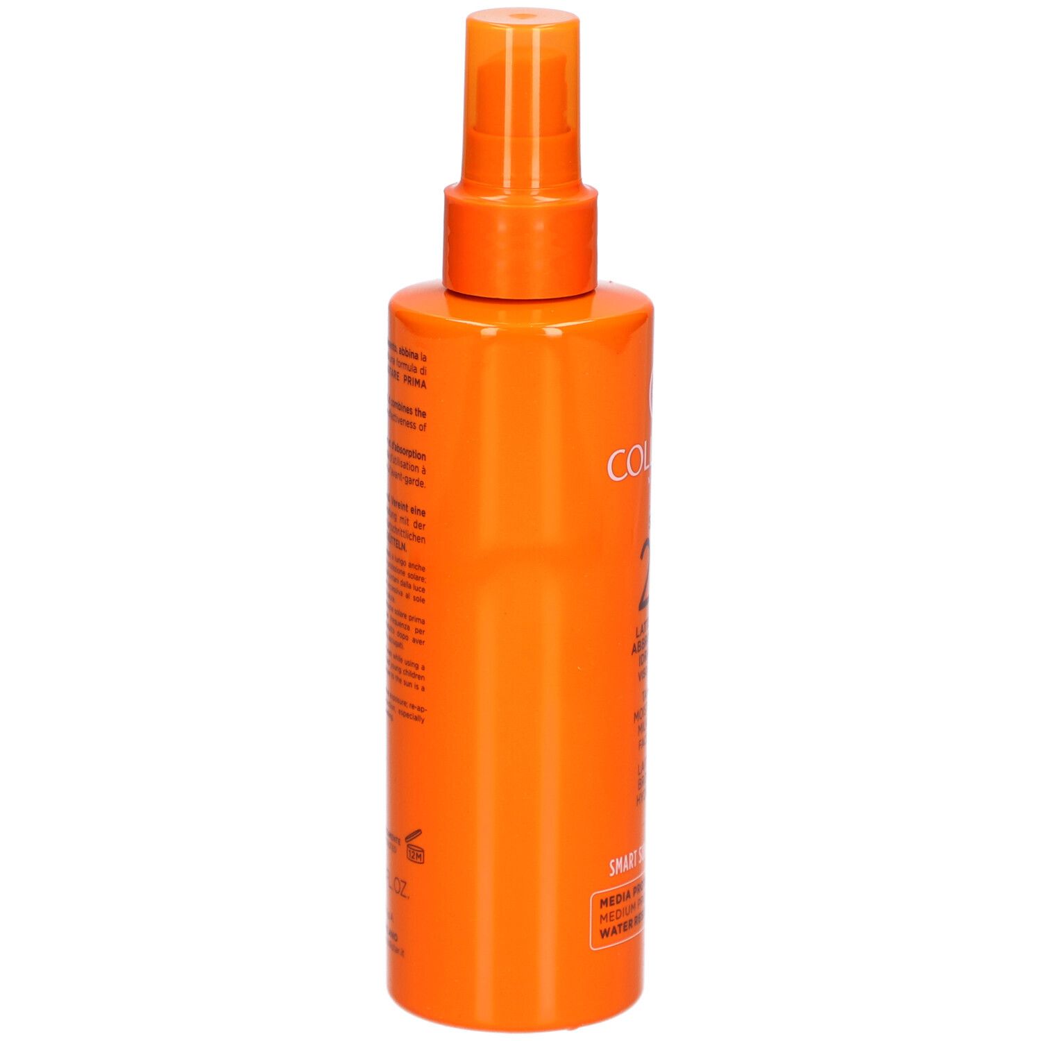 Orangefarbene Sprühflasche mit Text. Rückansicht. Enthält Text für Gesicht und Körper.
