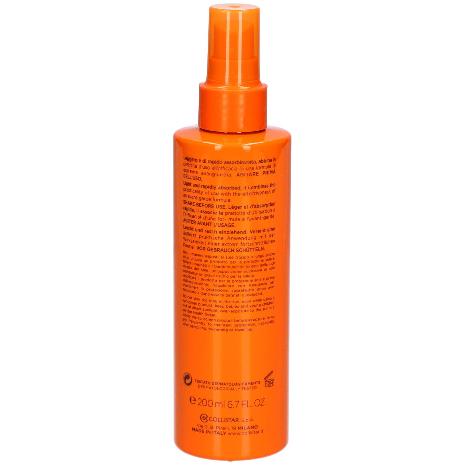 Orangefarbene Sprühflasche mit Text. Rückansicht. Enthält Text für Gesicht und Körper.