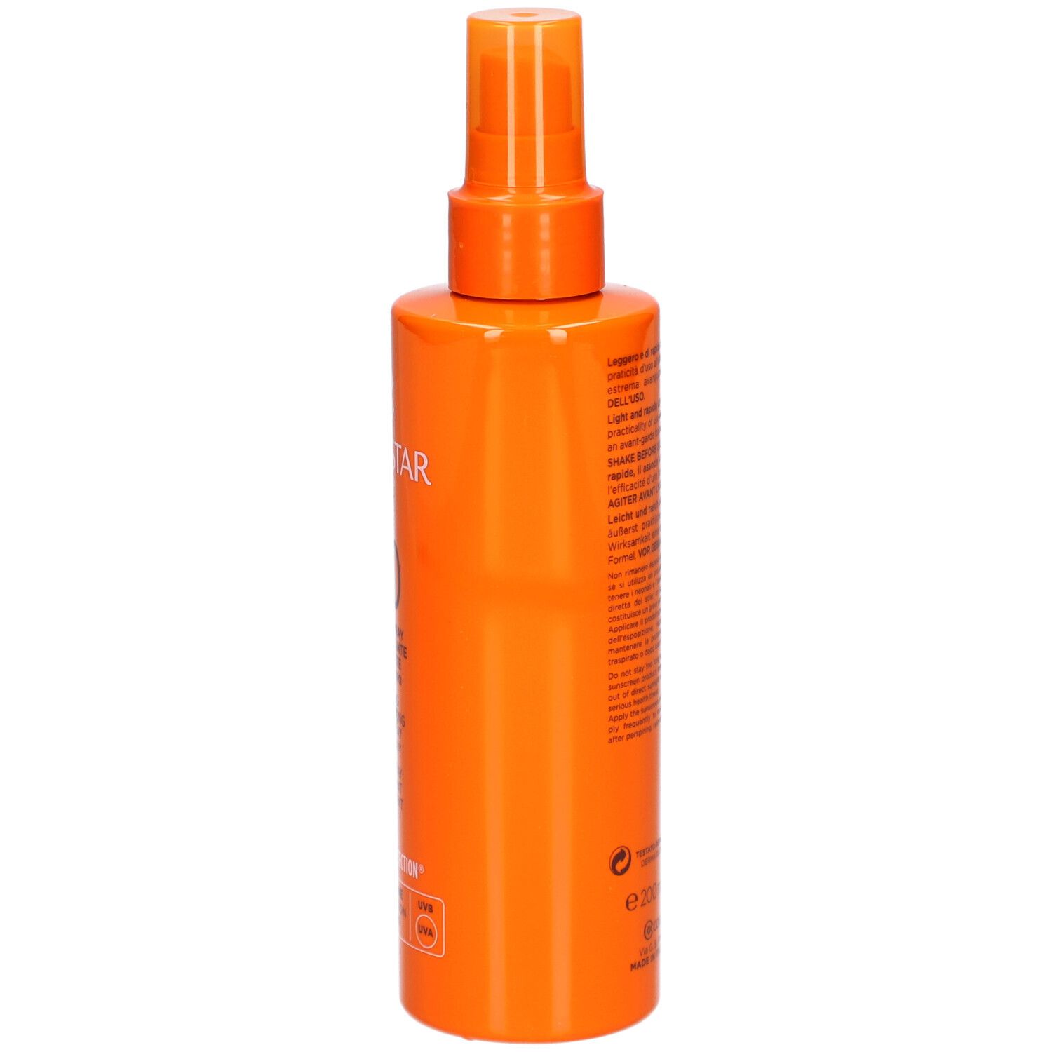 Orangefarbene Sprühflasche mit Text. Rückansicht. Enthält Text für Gesicht und Körper.