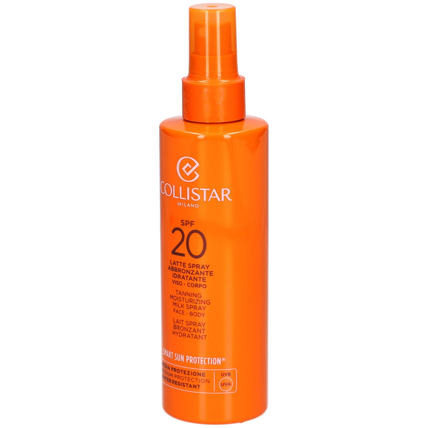 Orangefarbene Sprühflasche mit Collistar-Logo und SPF 20. Enthält Text für Gesicht und Körper.