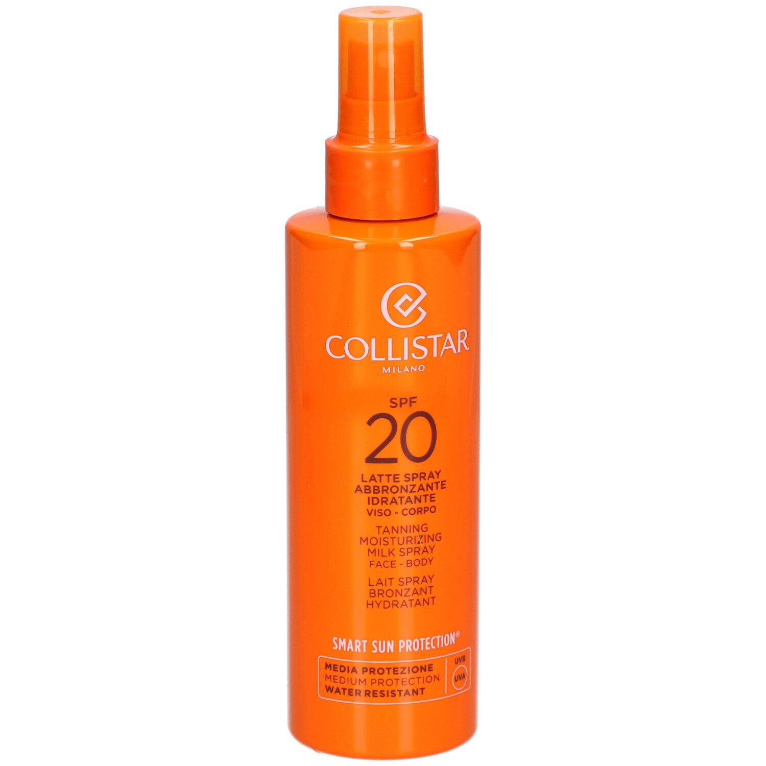 Orangefarbene Sprühflasche mit Collistar-Logo und SPF 20. Enthält Text für Gesicht und Körper.