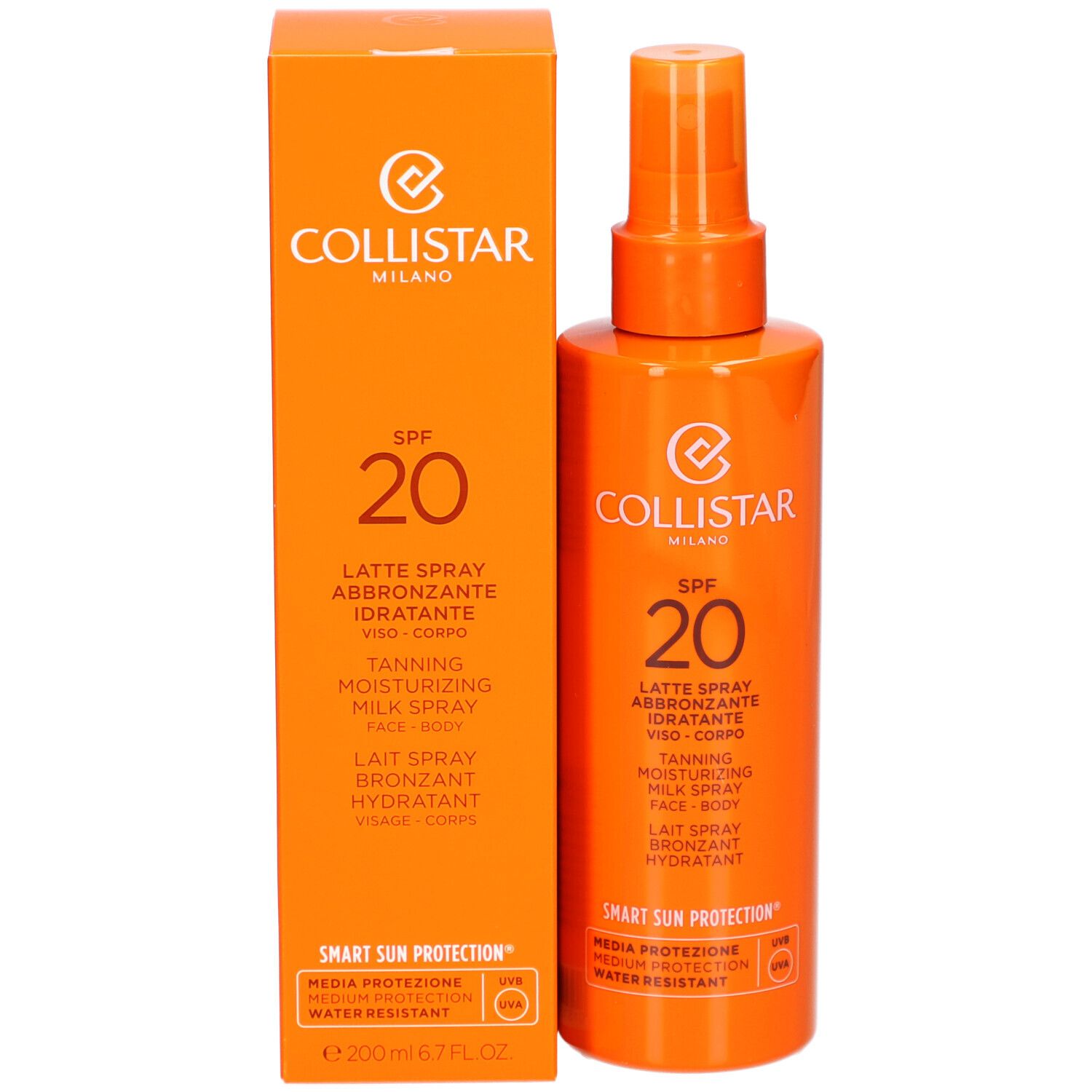 Orangefarbene Sprühflasche und Verpackung mit Collistar-Logo und SPF 20. Enthält Text für Gesicht und Körper.