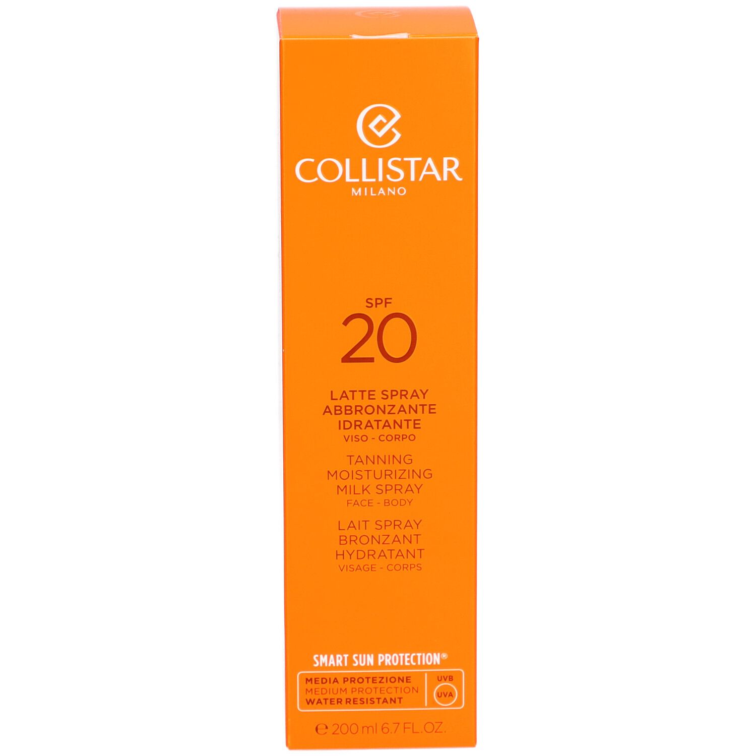 Verpackung mit Collistar-Logo und SPF 20. Enthält Text für Gesicht und Körper.