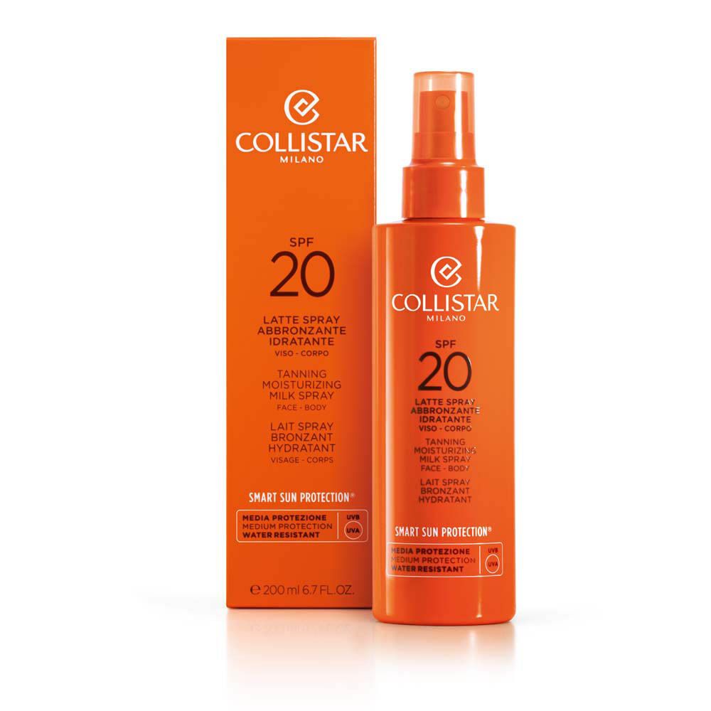 Flacon spray orange et emballage avec logo Collistar et SPF 20. Contient du texte pour le visage et le corps.