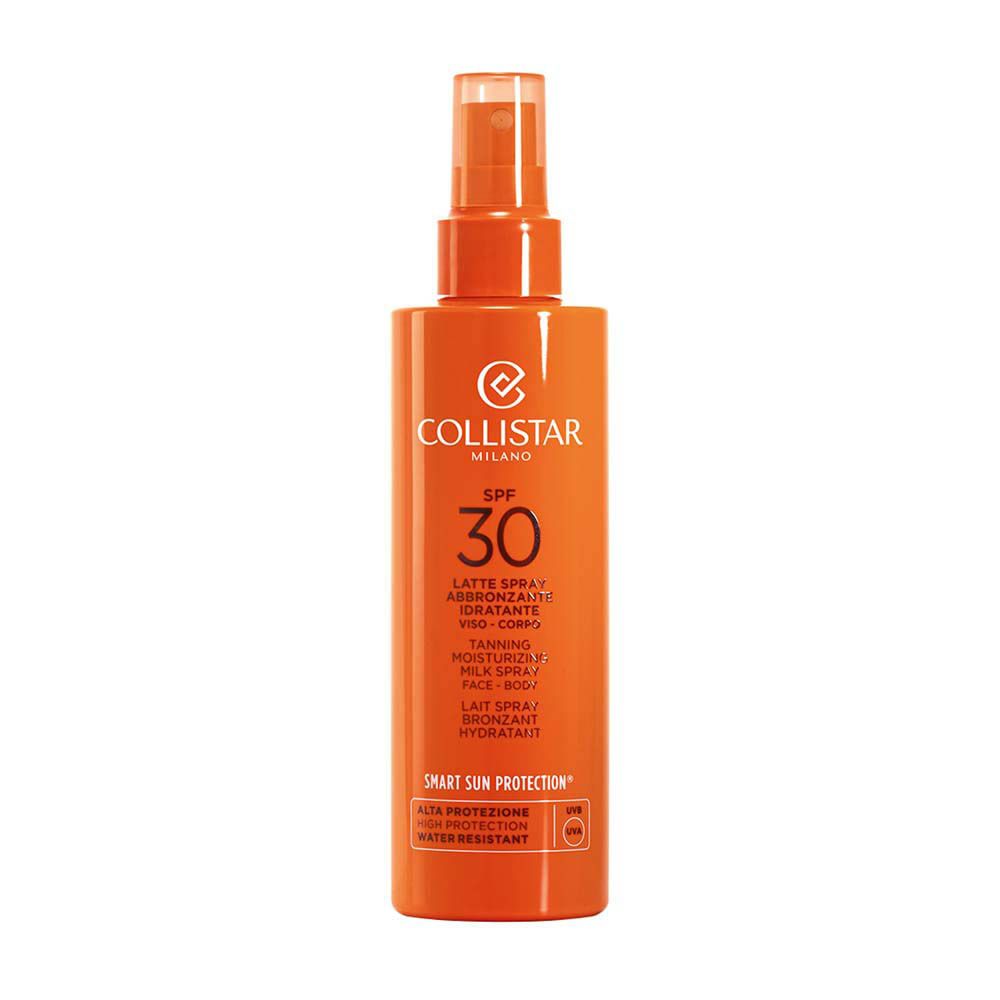 Flacon spray orange avec SPF 30 et logo Collistar. Écran solaire.