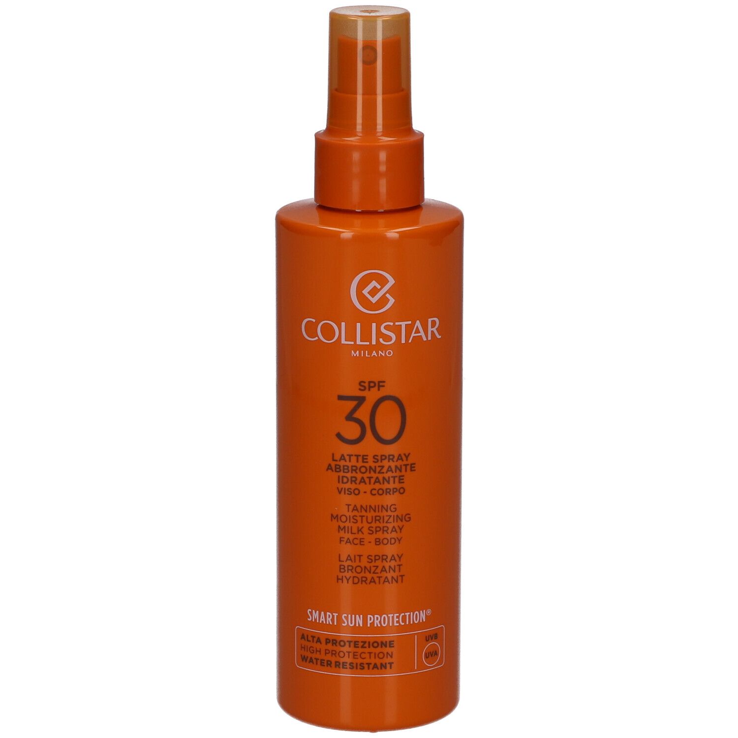 Orangefarbene Sprühflasche mit Aufschrift SPF 30 und Collistar-Logo. Enthält Sonnenschutzmittel.