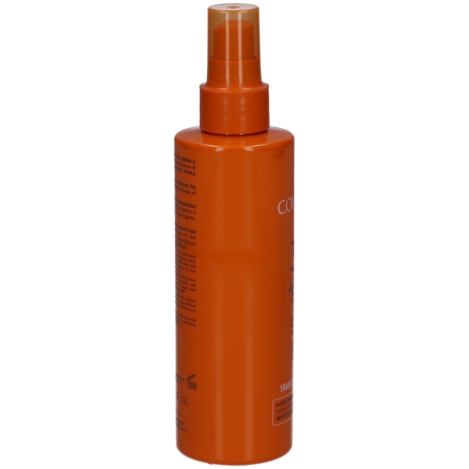 Orangefarbene Sprühflasche mit Text. Enthält Sonnenschutzmittel.