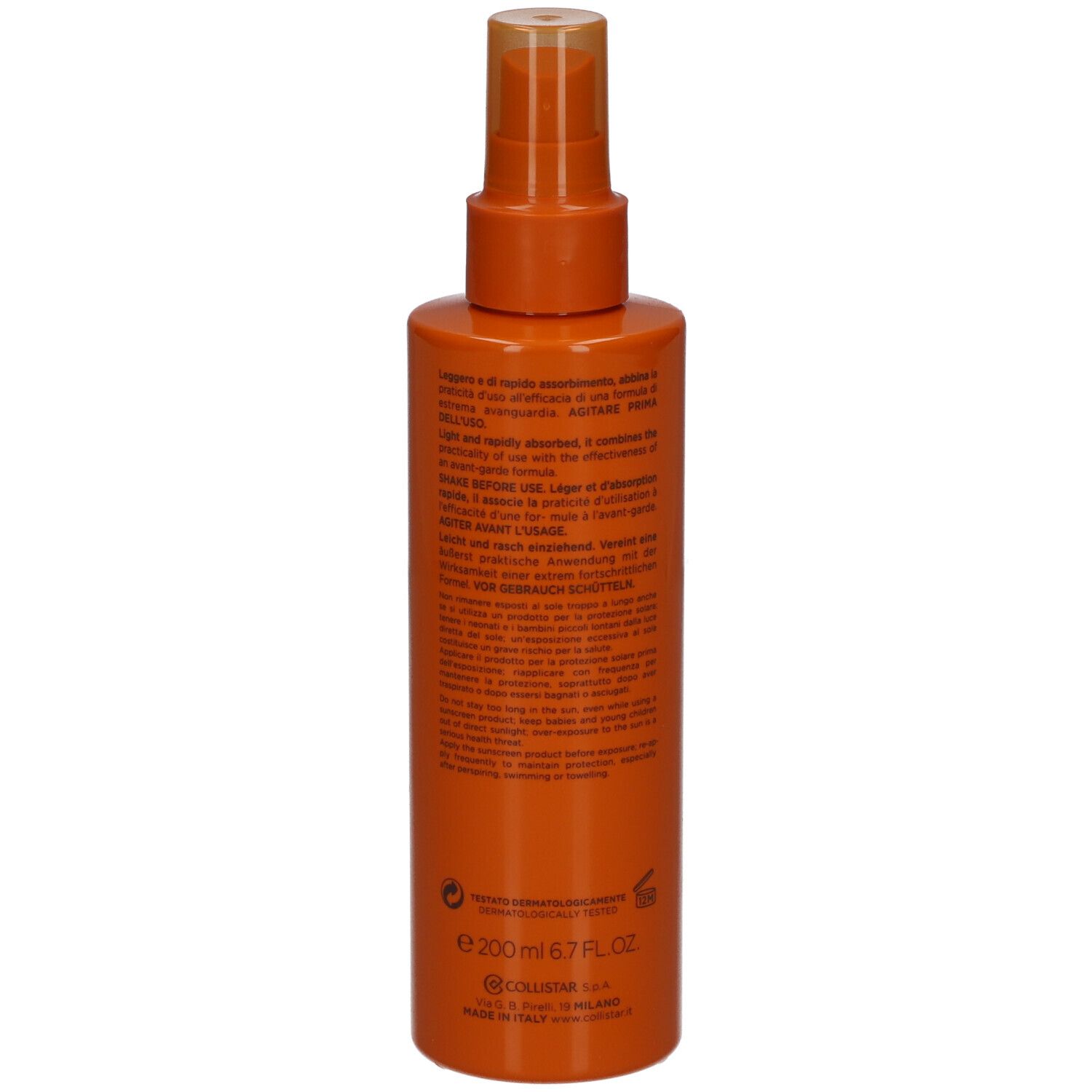 Orangefarbene Sprühflasche mit Text. Enthält Sonnenschutzmittel.