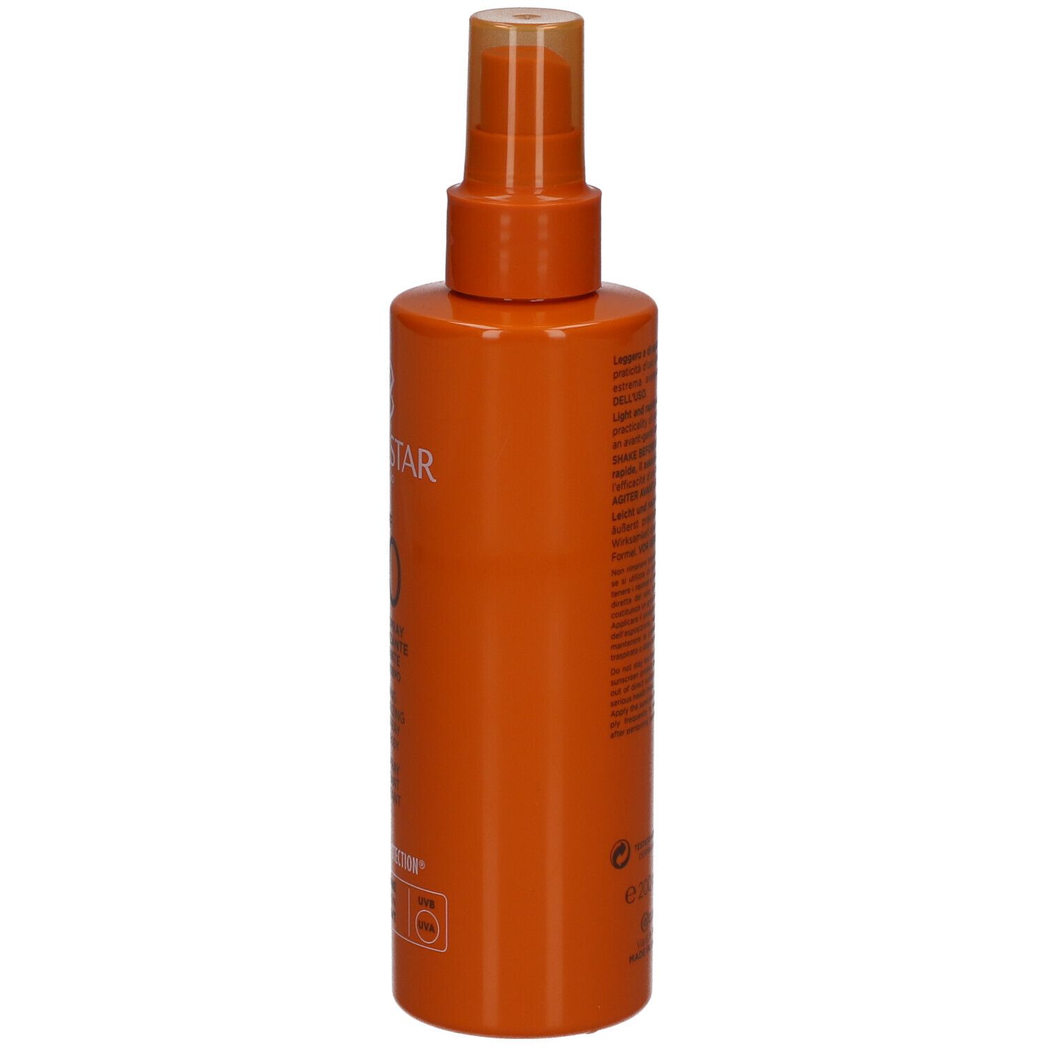 Orangefarbene Sprühflasche mit Text. Enthält Sonnenschutzmittel.