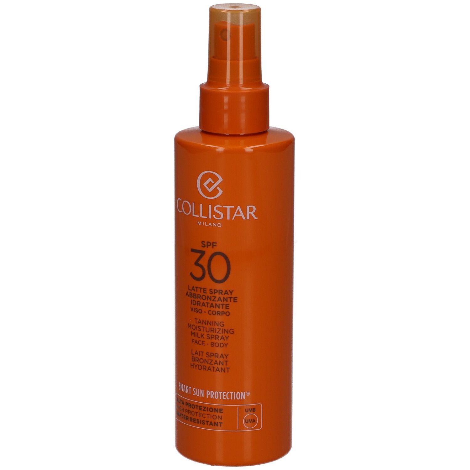 Orangefarbene Sprühflasche mit Aufschrift SPF 30 und Collistar-Logo. Enthält Sonnenschutzmittel.