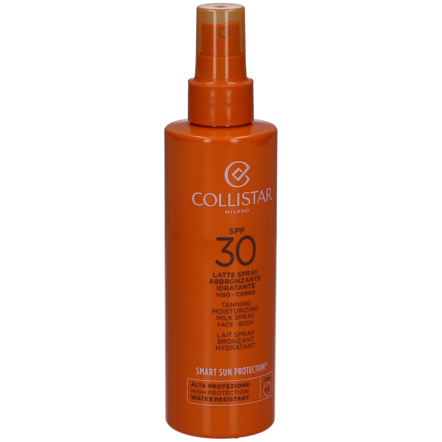 Orangefarbene Sprühflasche mit Aufschrift SPF 30 und Collistar-Logo. Enthält Sonnenschutzmittel.
