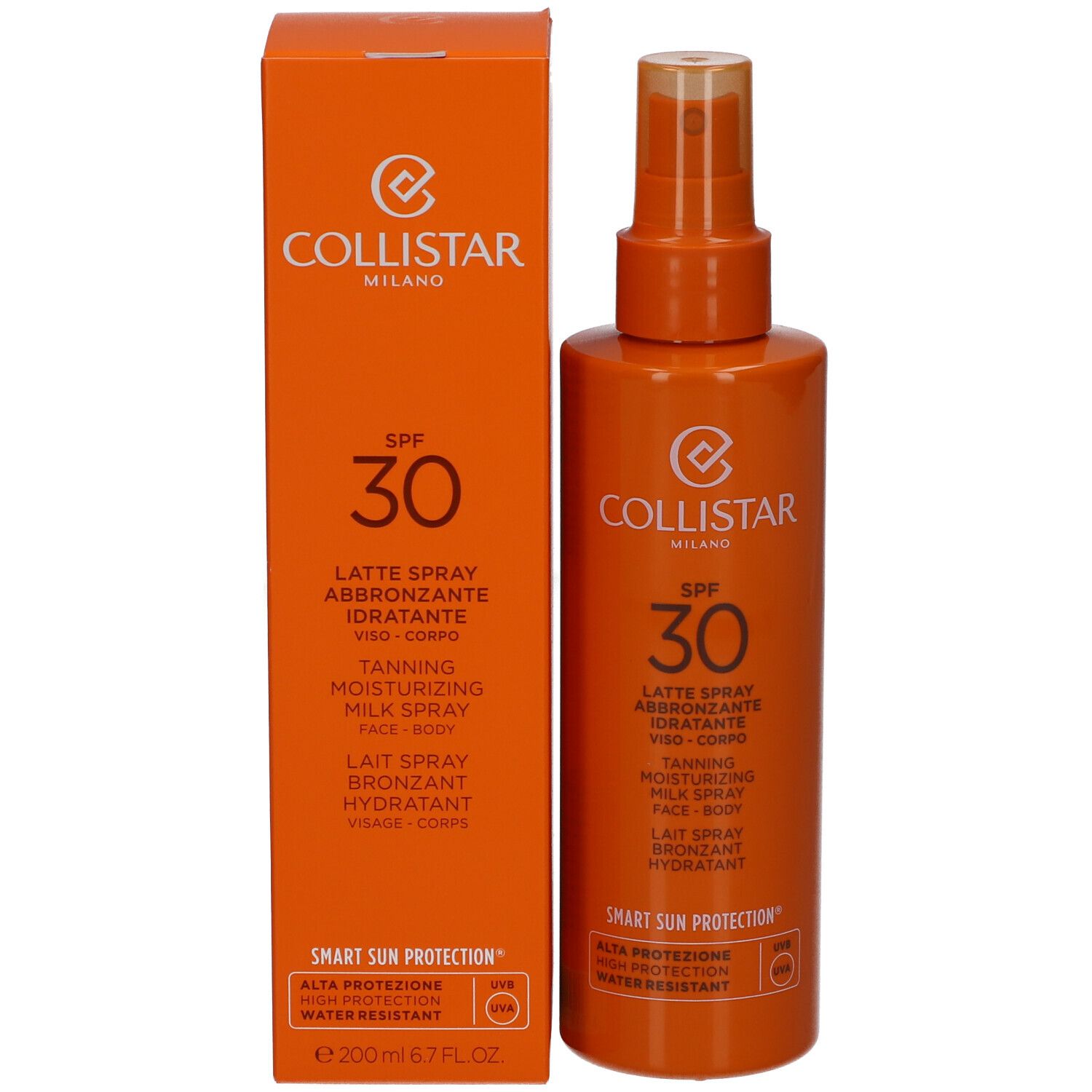Orangefarbene Schachtel und Sprühflasche mit SPF 30 und Collistar-Logo. Sonnenschutzmittel.