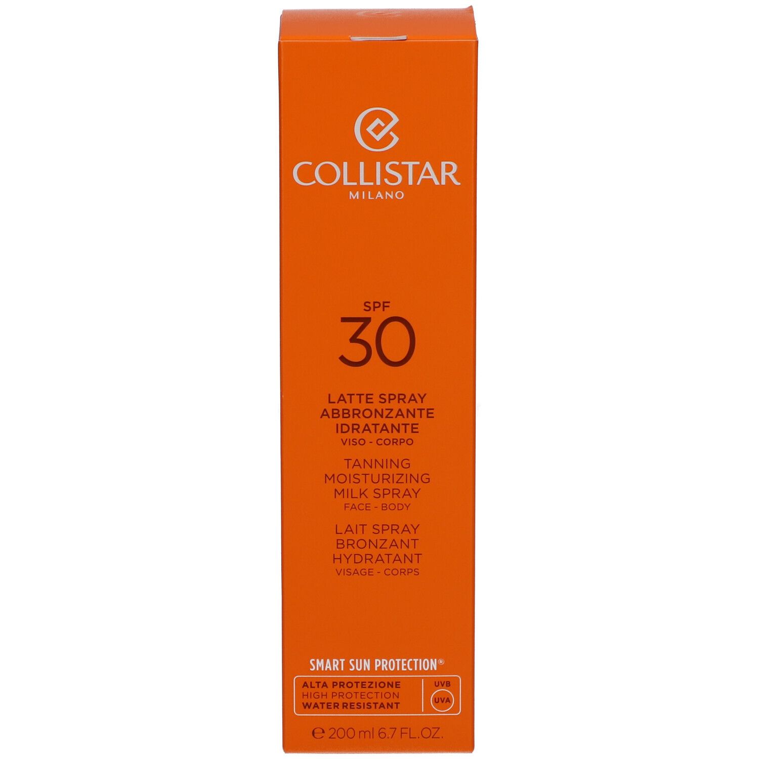 Orangefarbene Schachtel mit SPF 30 und Collistar-Logo. Enthält Sonnenschutzmittel.