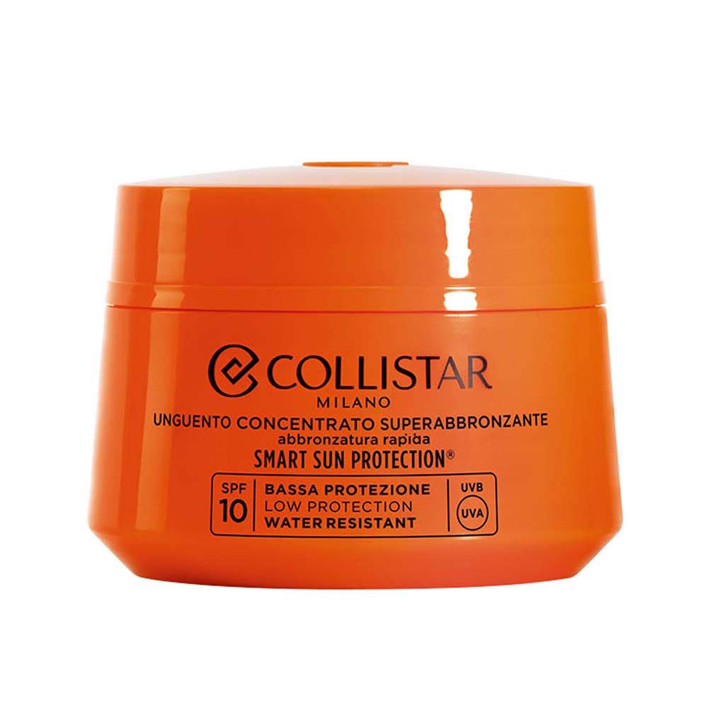 Pot orange avec couvercle. Inscription: Collistar, Unguento Concentrato Superabbronzante, SPF 10.