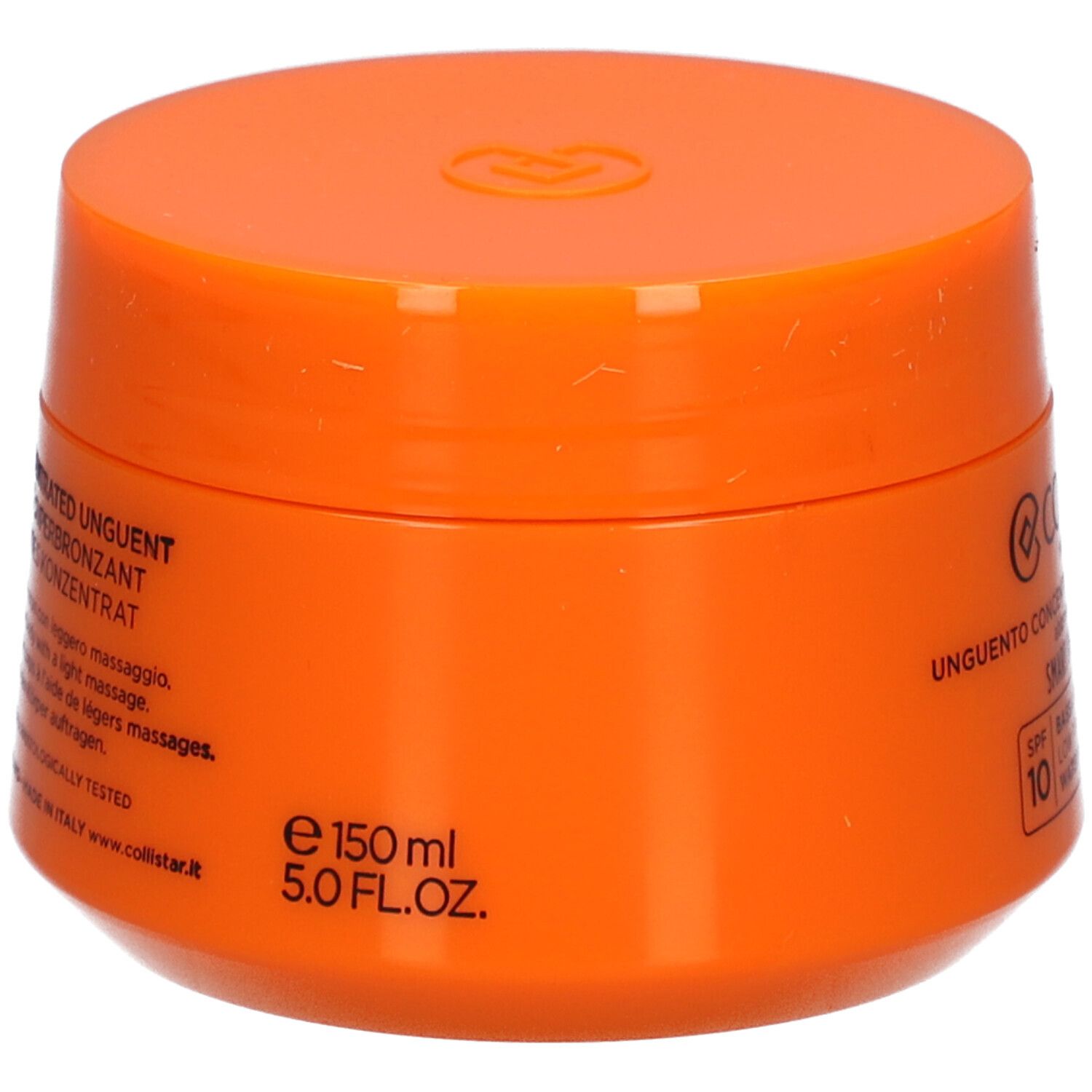 Orangefarbener Tiegel mit Deckel. Aufschrift: Collistar, Unguento Concentrato Superabbronzante. Volumen: 150 ml.