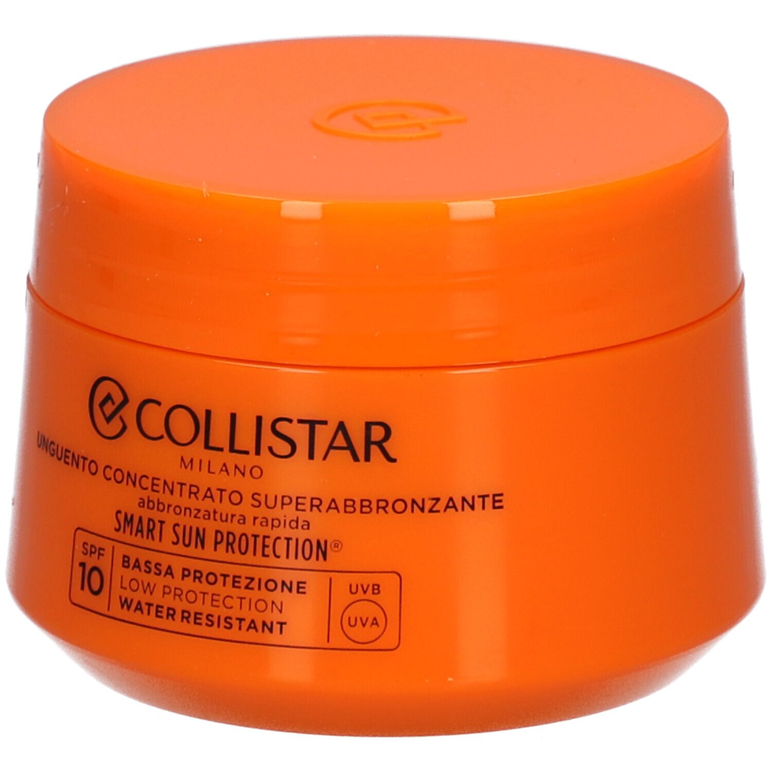 Orangefarbener Tiegel mit Deckel. Aufschrift: Collistar, Unguento Concentrato Superabbronzante, SPF 10.