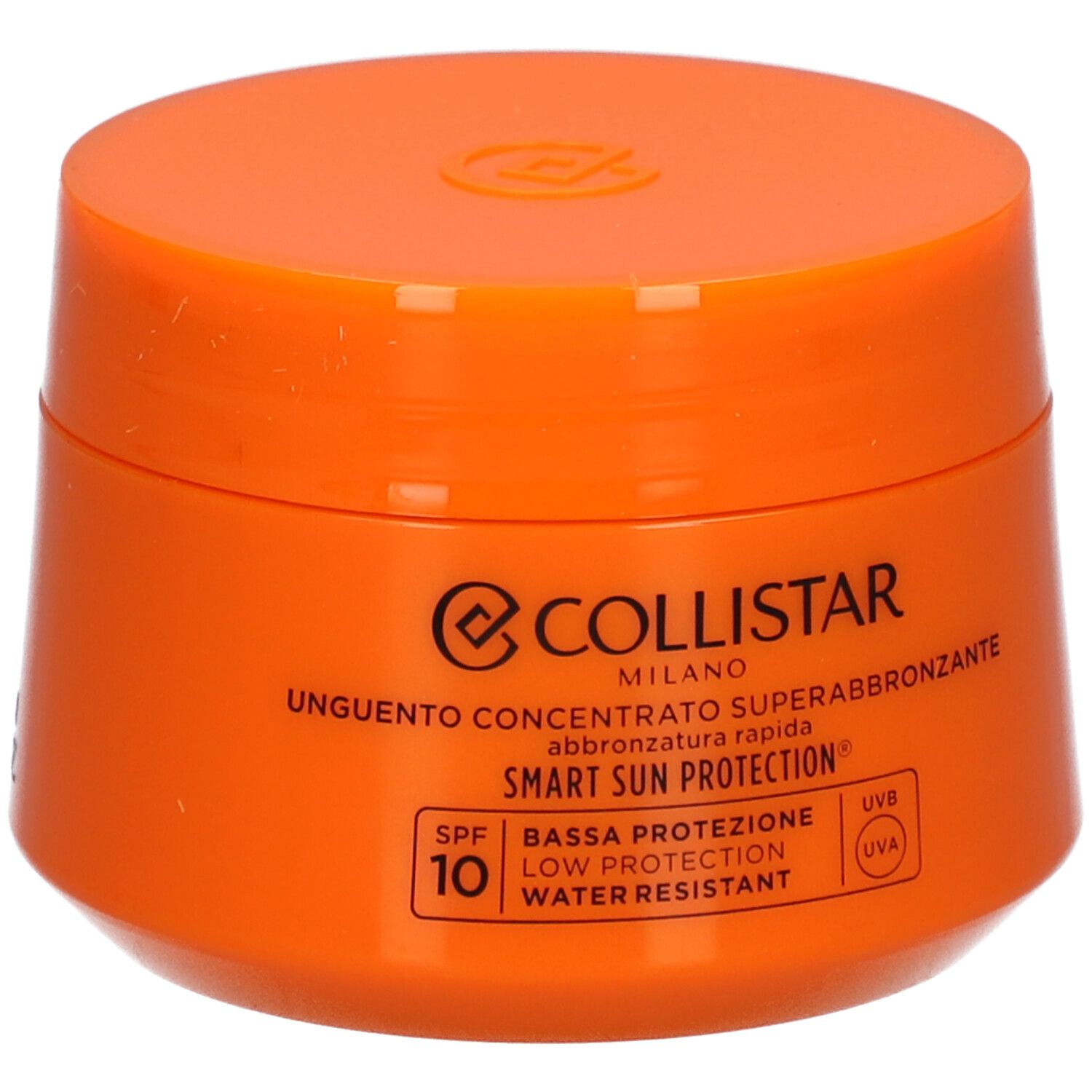 Orangefarbener Tiegel mit Deckel. Aufschrift: Collistar, Unguento Concentrato Superabbronzante, SPF 10.