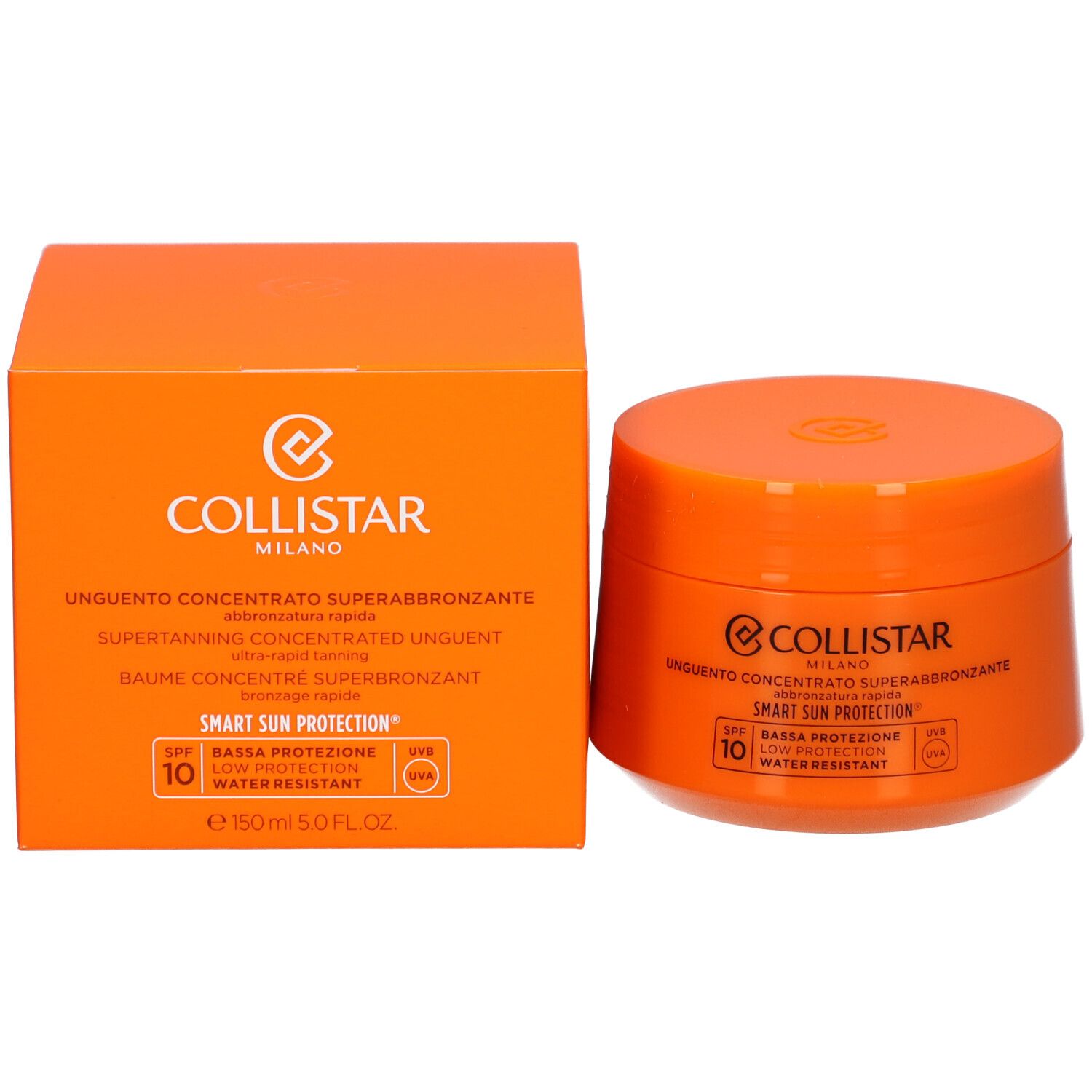 Orangefarbener Tiegel und Schachtel. Aufschrift: Collistar, Unguento Concentrato Superabbronzante, SPF 10, 150 ml.