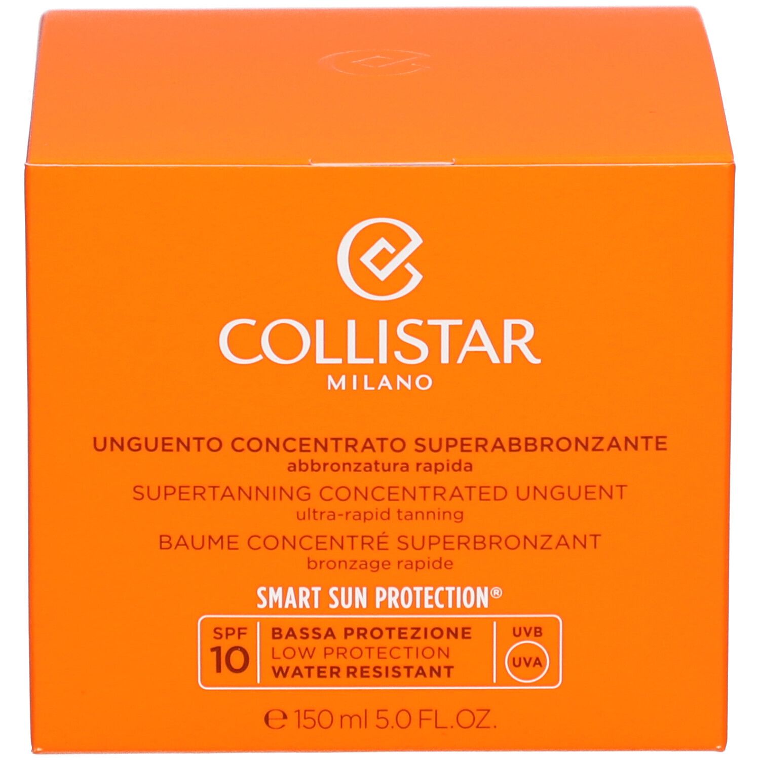 Orangefarbene Schachtel. Aufschrift: Collistar, Unguento Concentrato Superabbronzante, SPF 10, 150 ml.