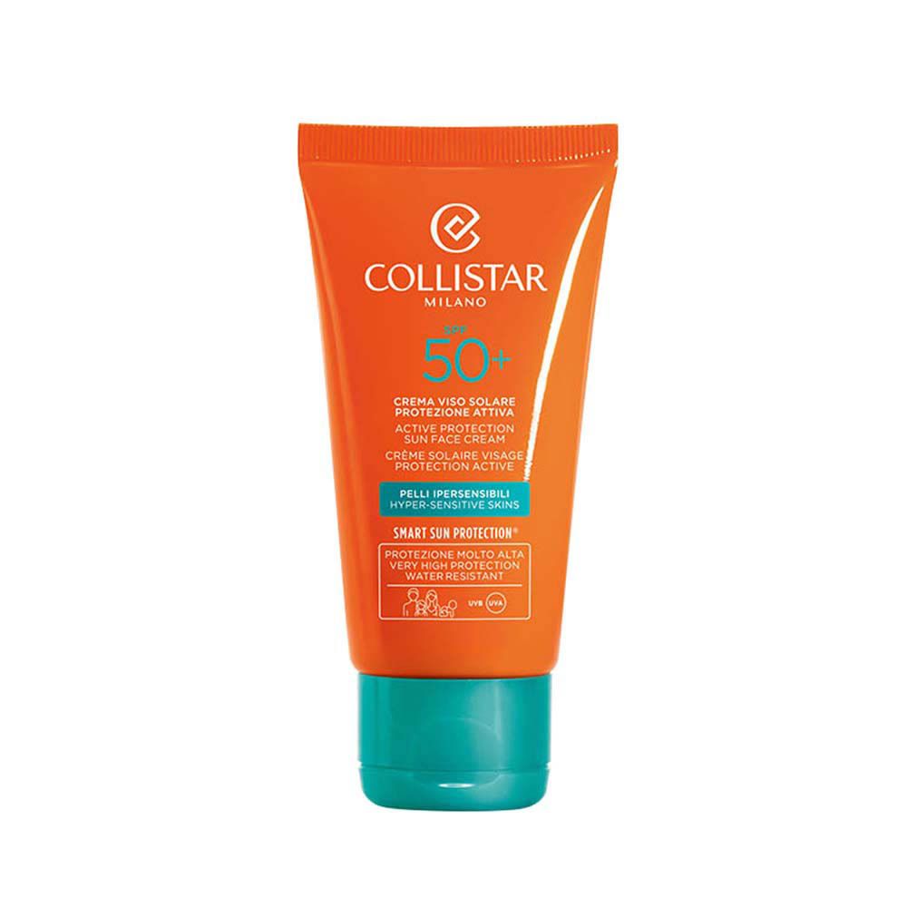 Tube orange de crème solaire. Texte: Collistar, SPF 50+, Active Protection Sun Face Cream. Bouchon turquoise.