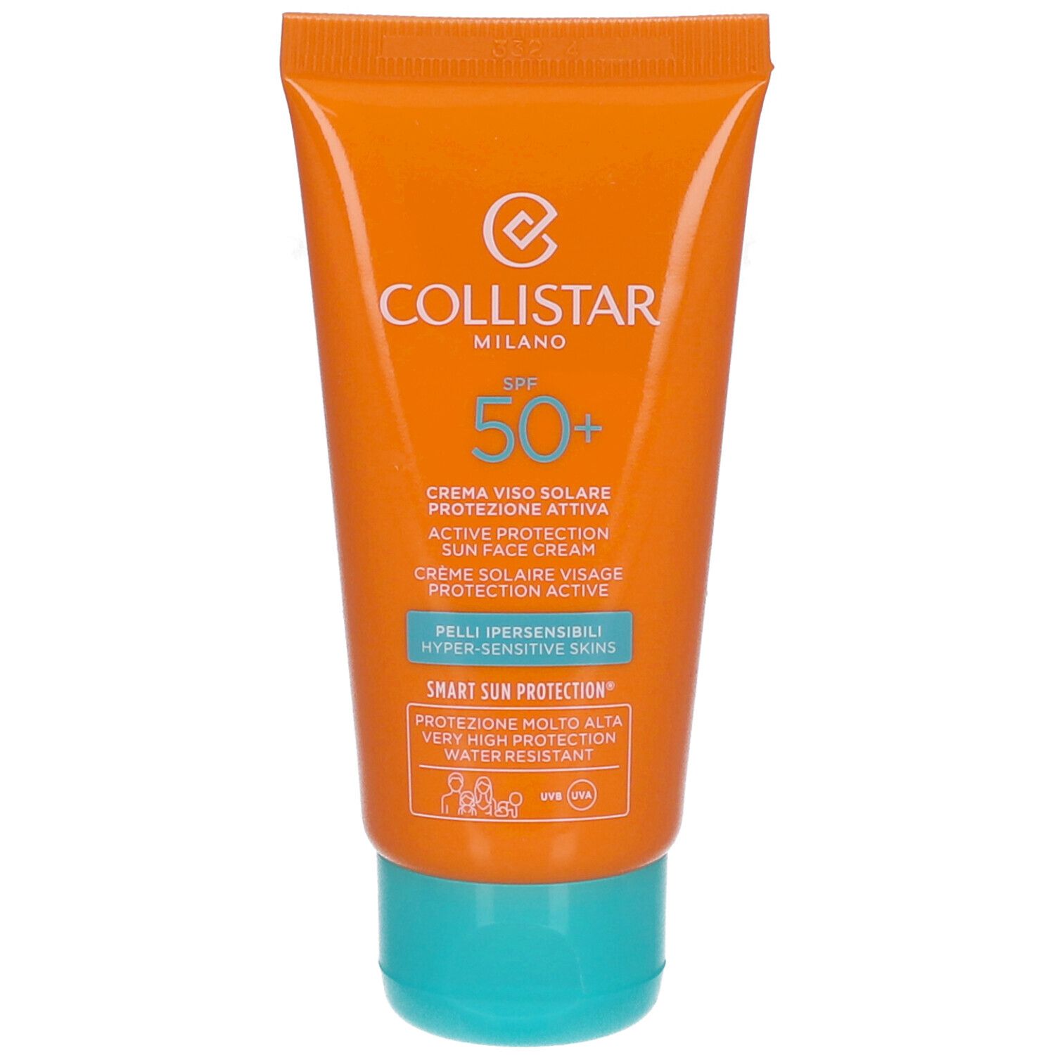 Tube orange de crème solaire. Texte: Collistar, SPF 50+, Active Protection Sun Face Cream. Bouchon turquoise.
