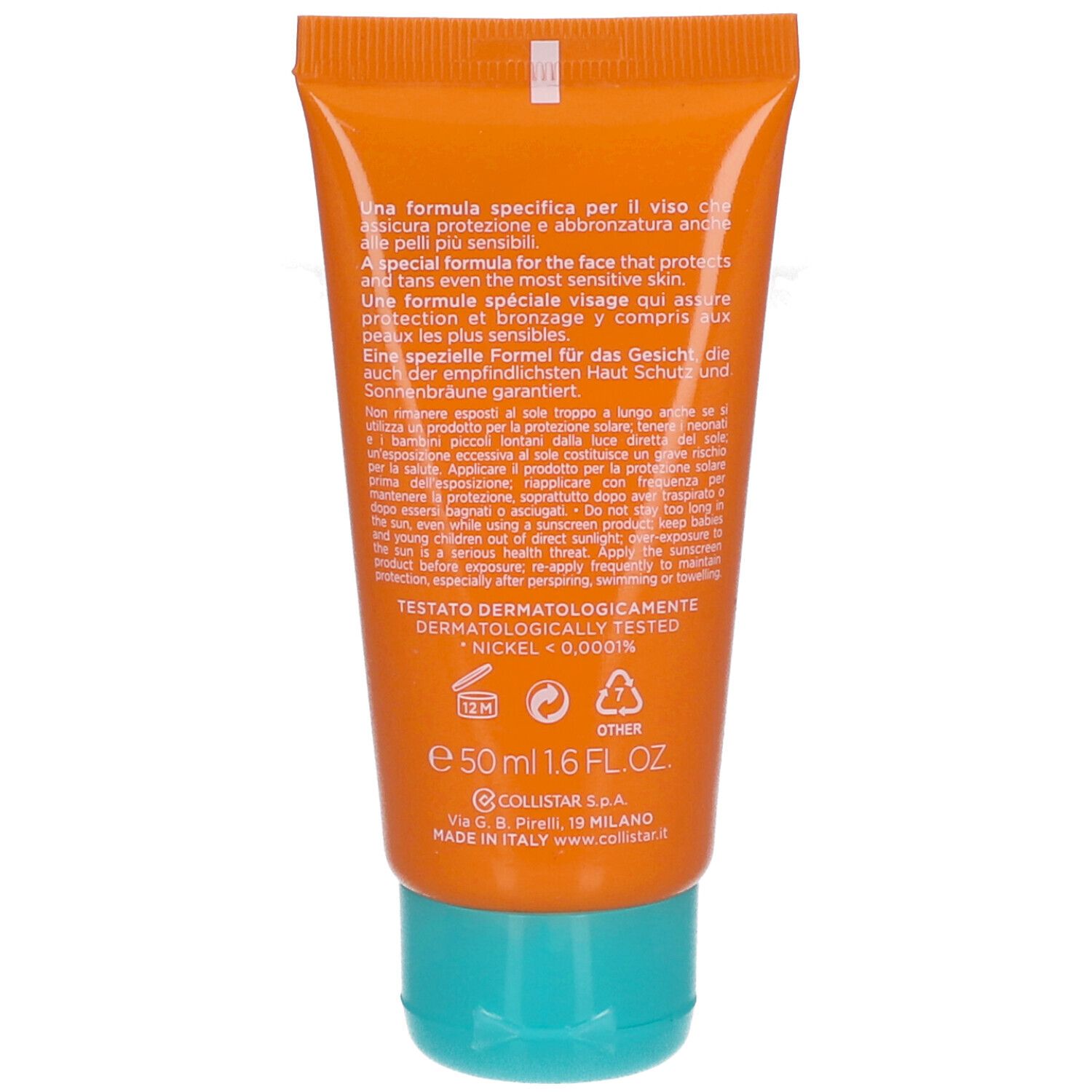Dos du tube de crème solaire. Texte: Testé dermatologiquement, Nickel <0,0001%. 50 ml, 1.6 FL.OZ. Fabriqué en Italie.