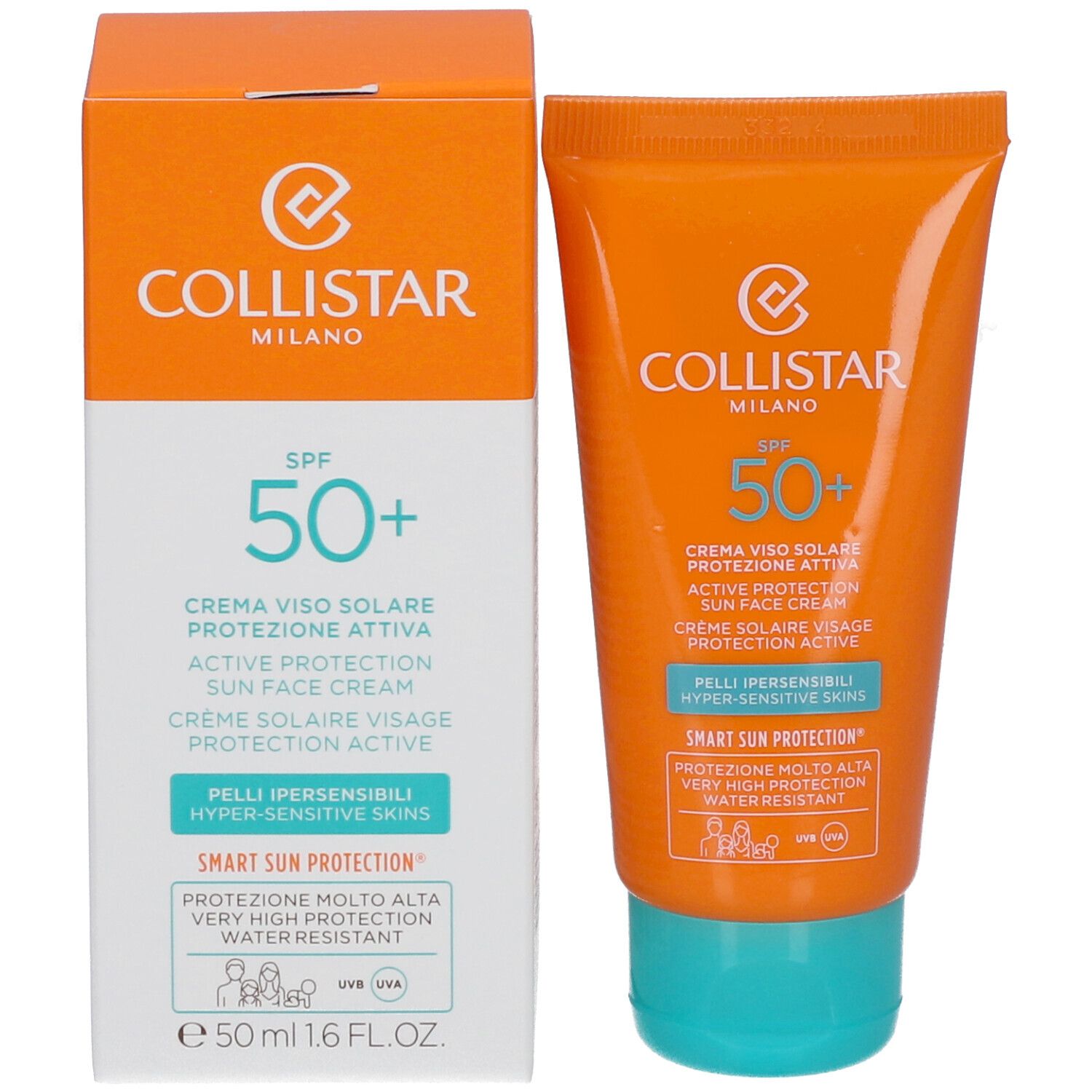 Tube et boîte de crème solaire. Texte: Collistar, SPF 50+, Active Protection Sun Face Cream. 50 ml, 1.6 FL.OZ.