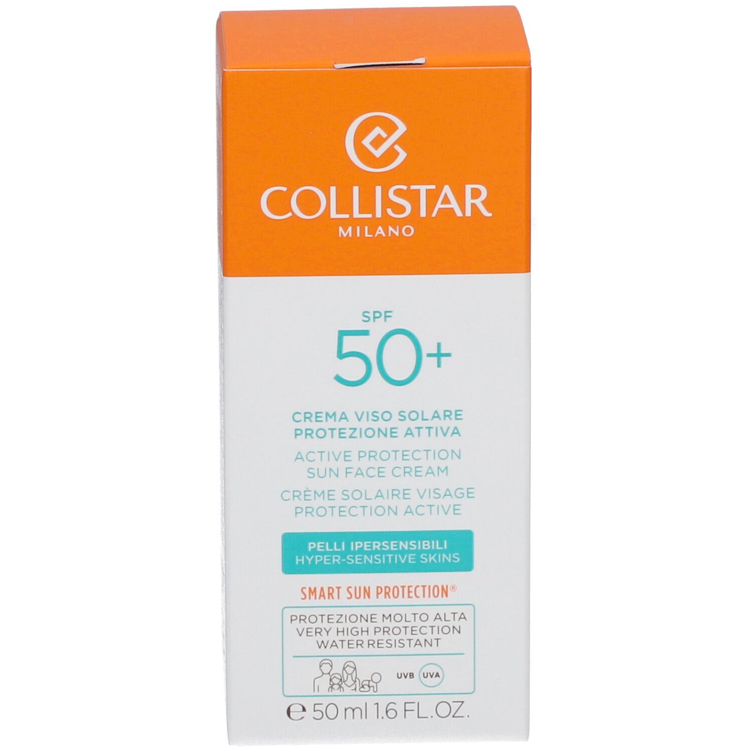 Boîte de crème solaire. Texte: Collistar, SPF 50+, Active Protection Sun Face Cream. 50 ml, 1.6 FL.OZ.
