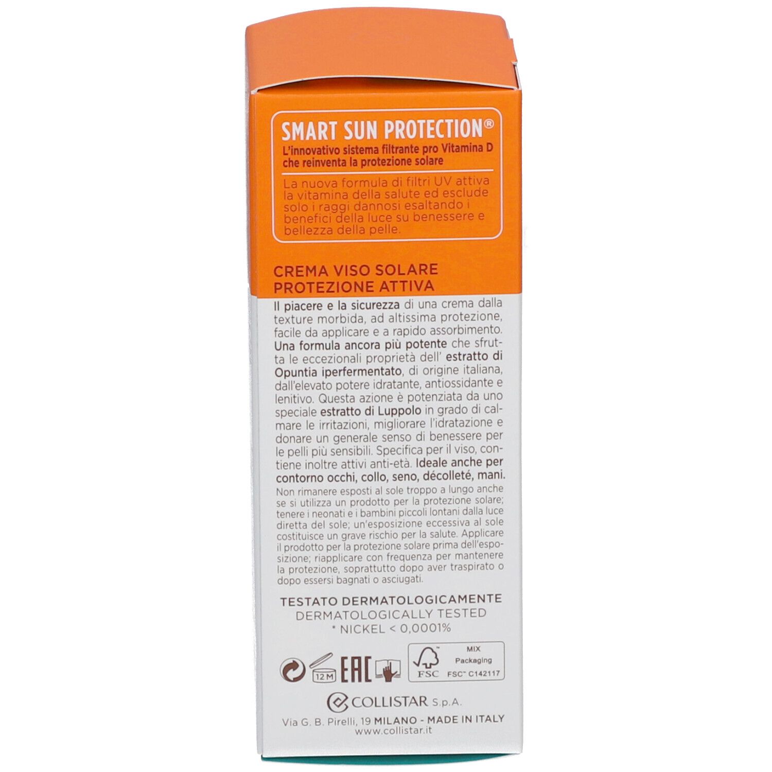 Dos de la boîte de crème solaire. Texte: Smart Sun Protection, Active Protection Sun Face Cream. Testé dermatologiquement.