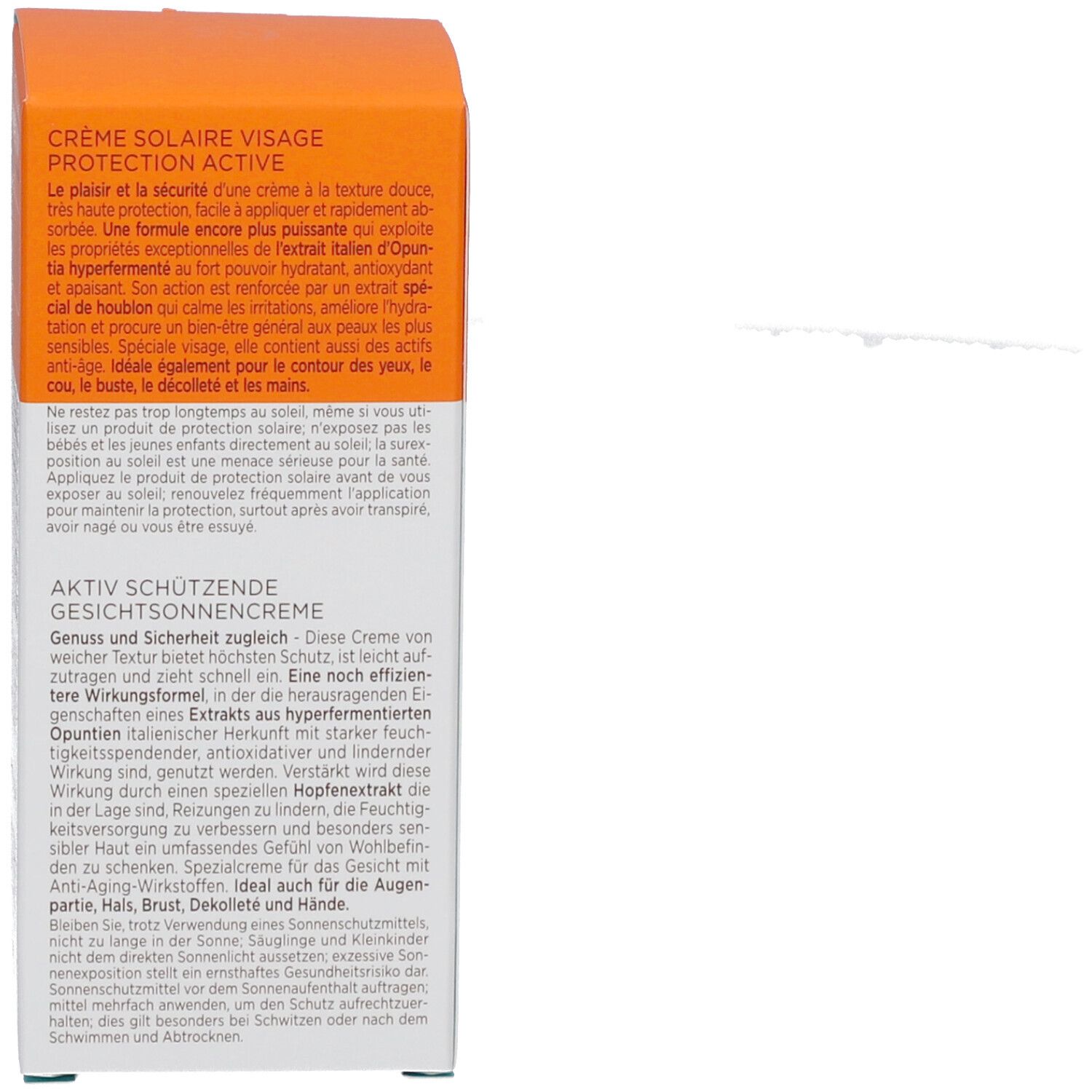 Côté de la boîte de crème solaire. Texte: Crème solaire visage protection active. Testé dermatologiquement. Nickel <0,0001%.